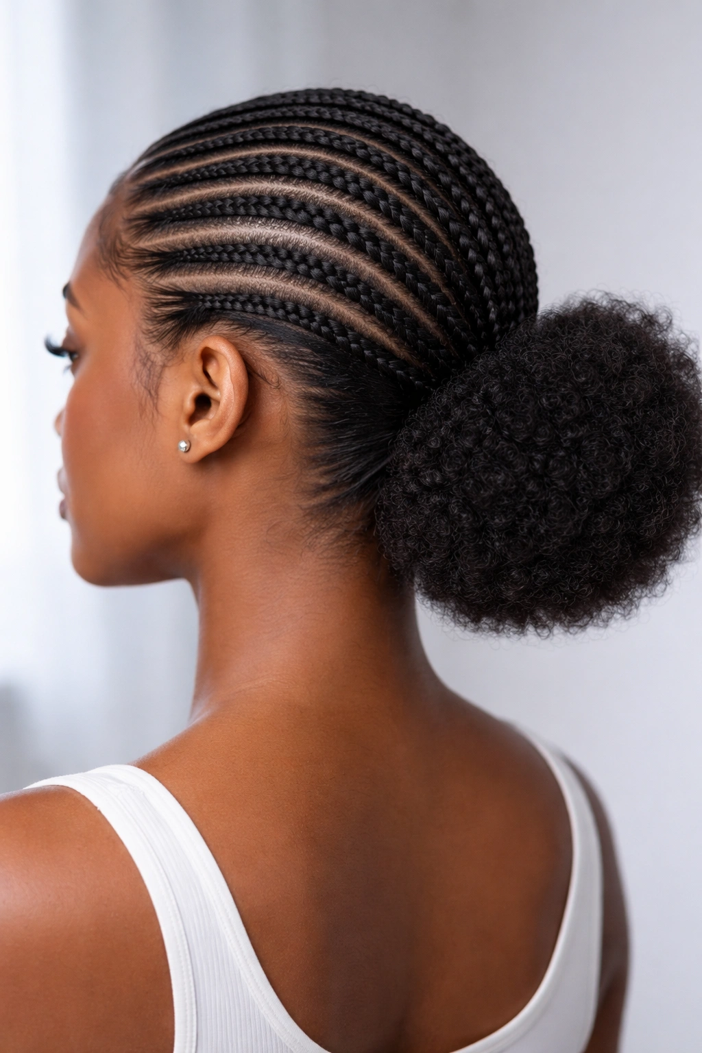Thin cornrows along scalp with a low afro puff at the nape