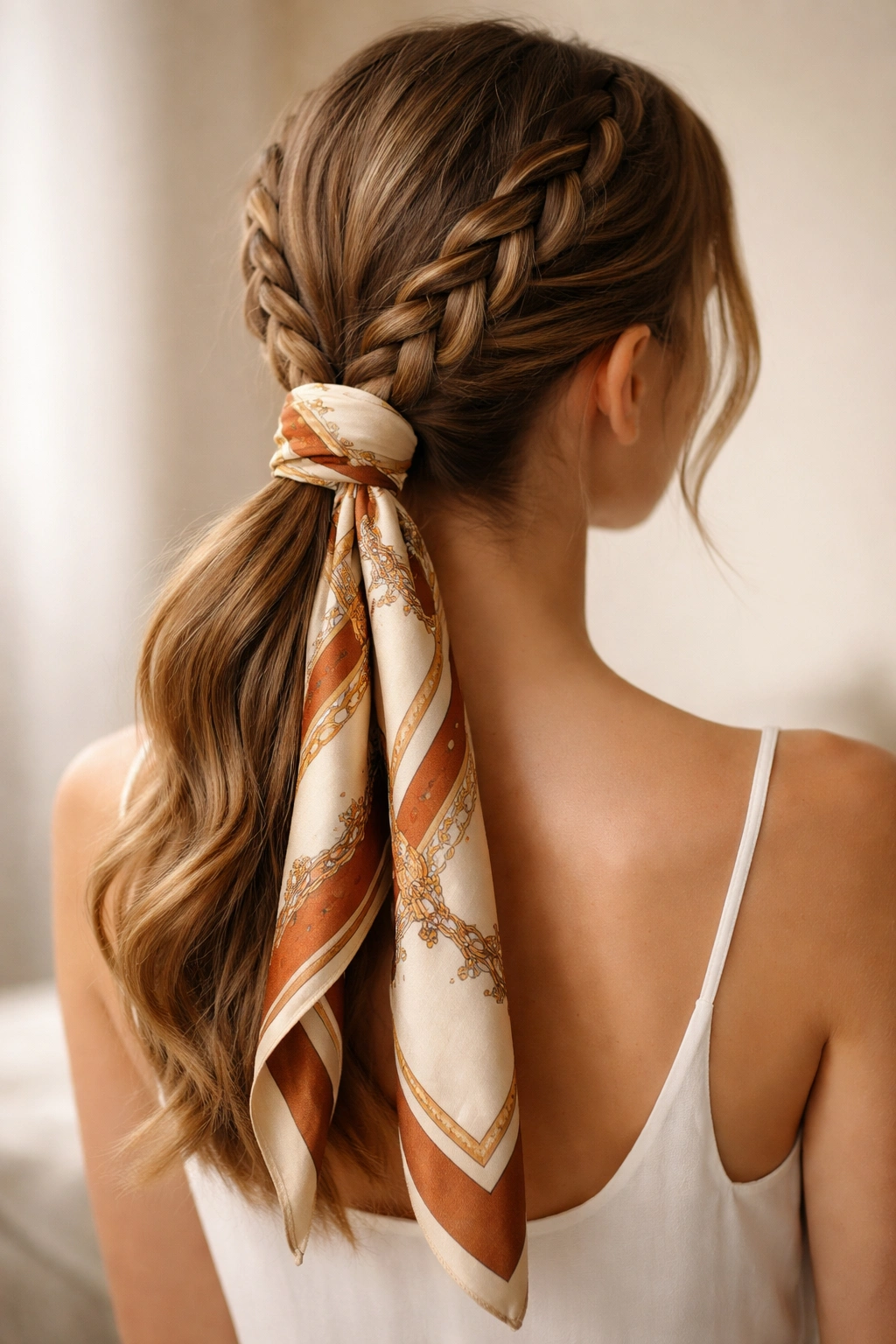 Double braided ponytail wrapped with a silk scarf around the base