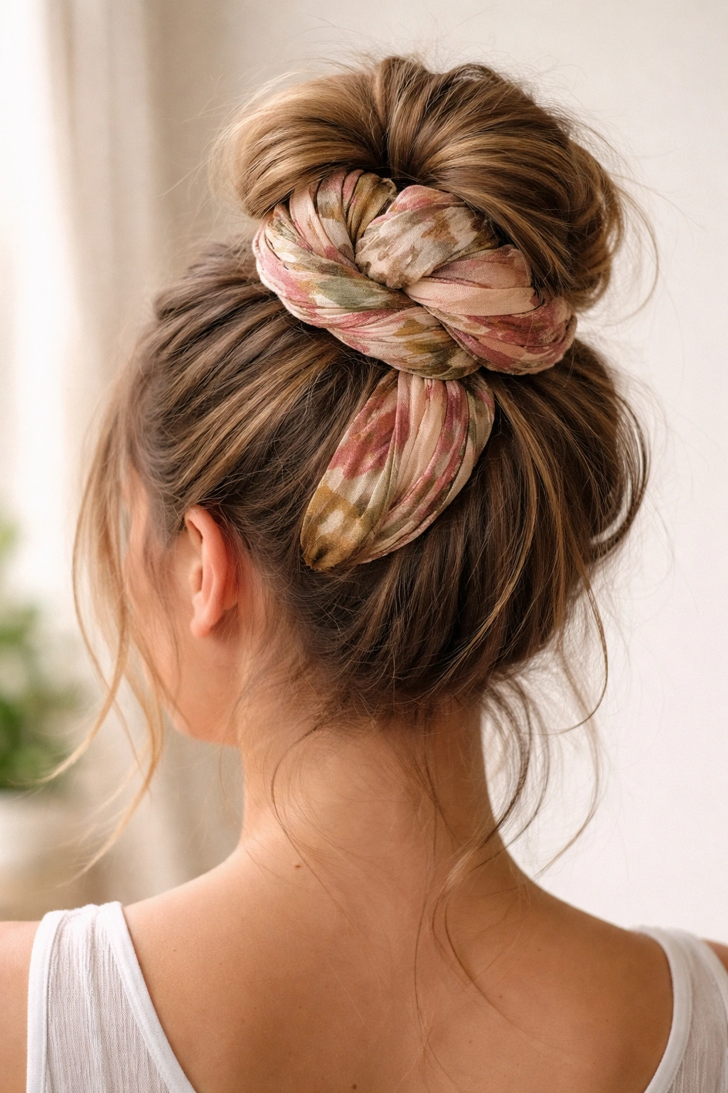 Close-up of scarf-wrapped bun with woven fabric through hair