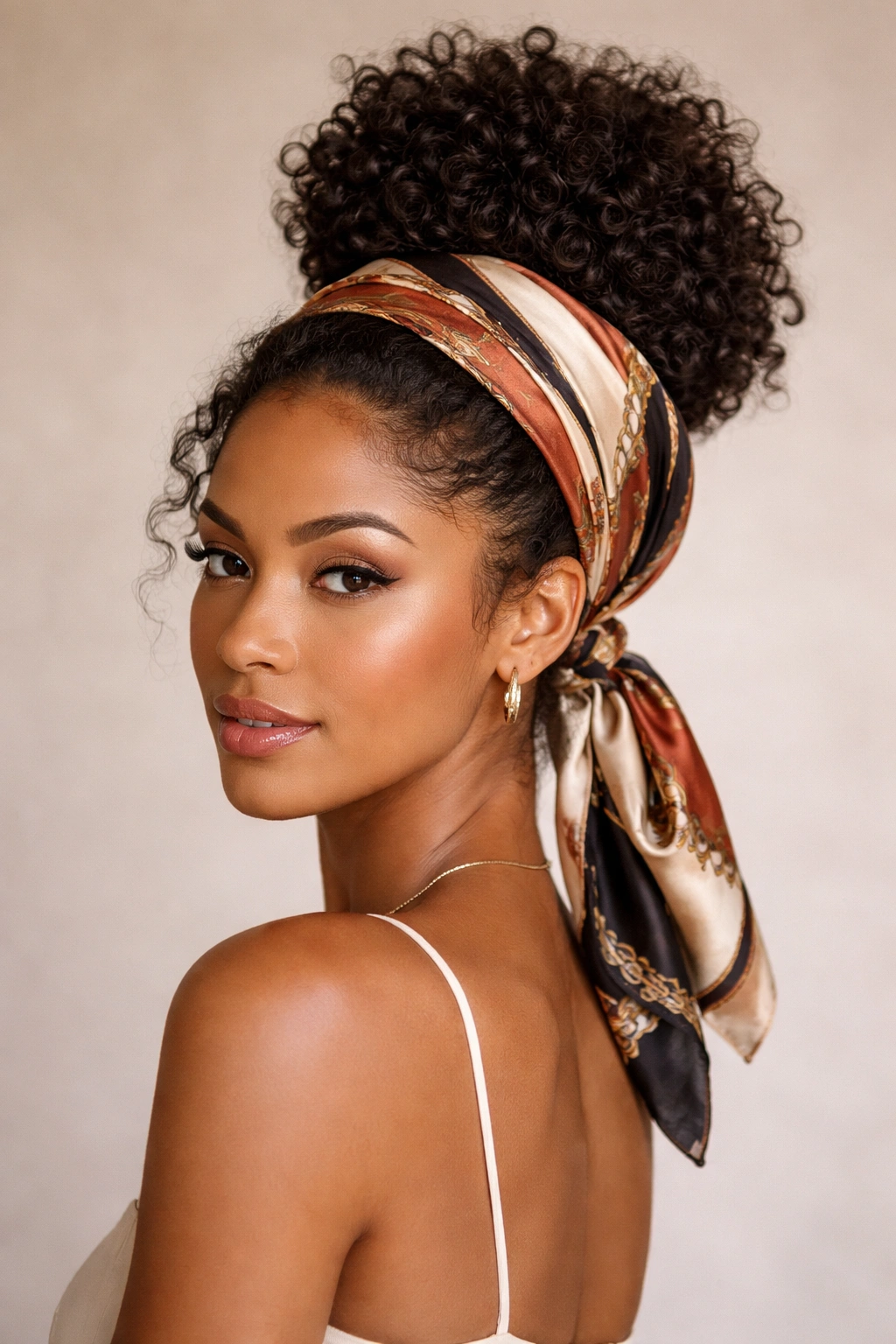 Scarf-wrapped updo with silk scarf around base of high bun on curly hair