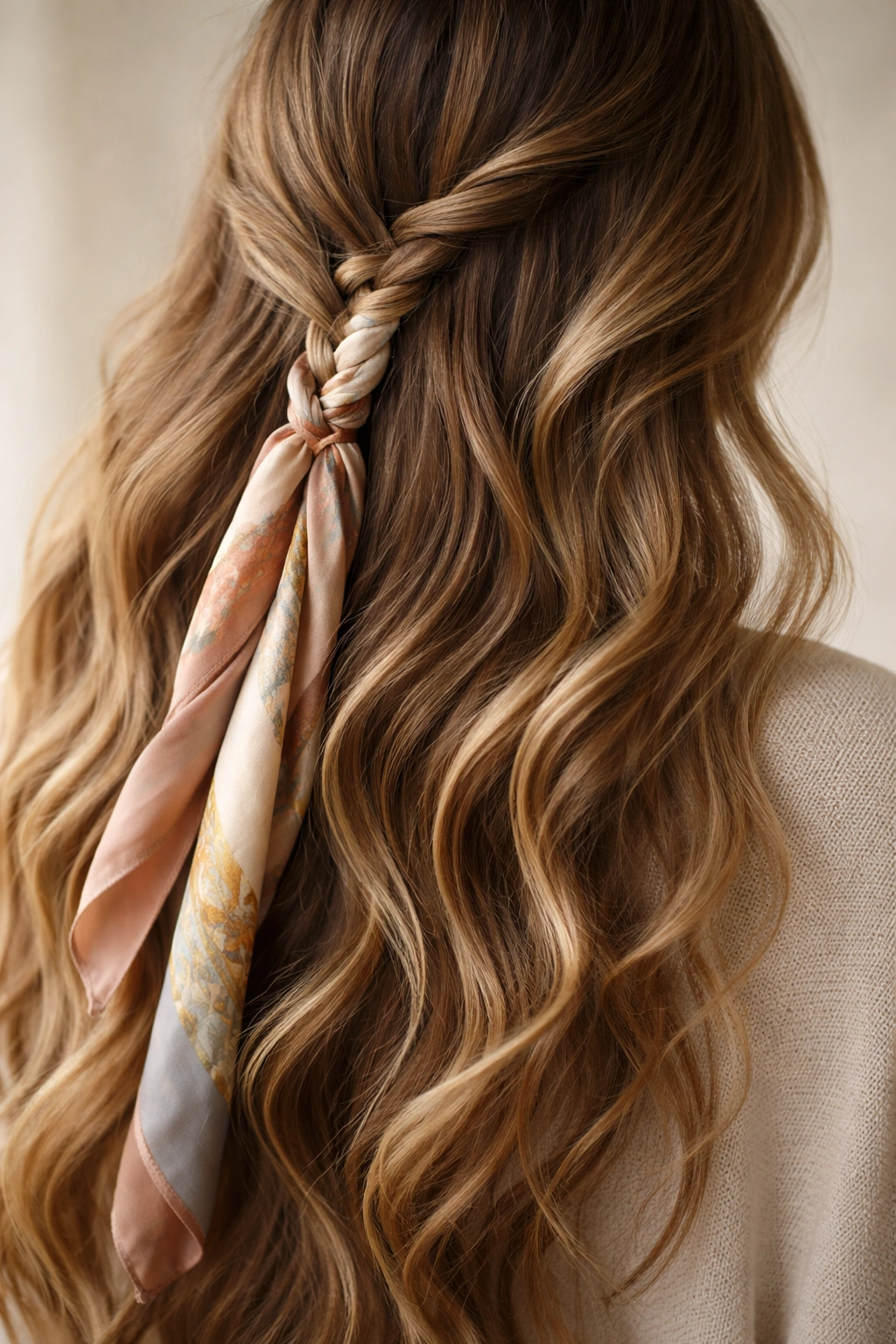 Close-up of long, wavy hair with a silky scarf woven through a braid
