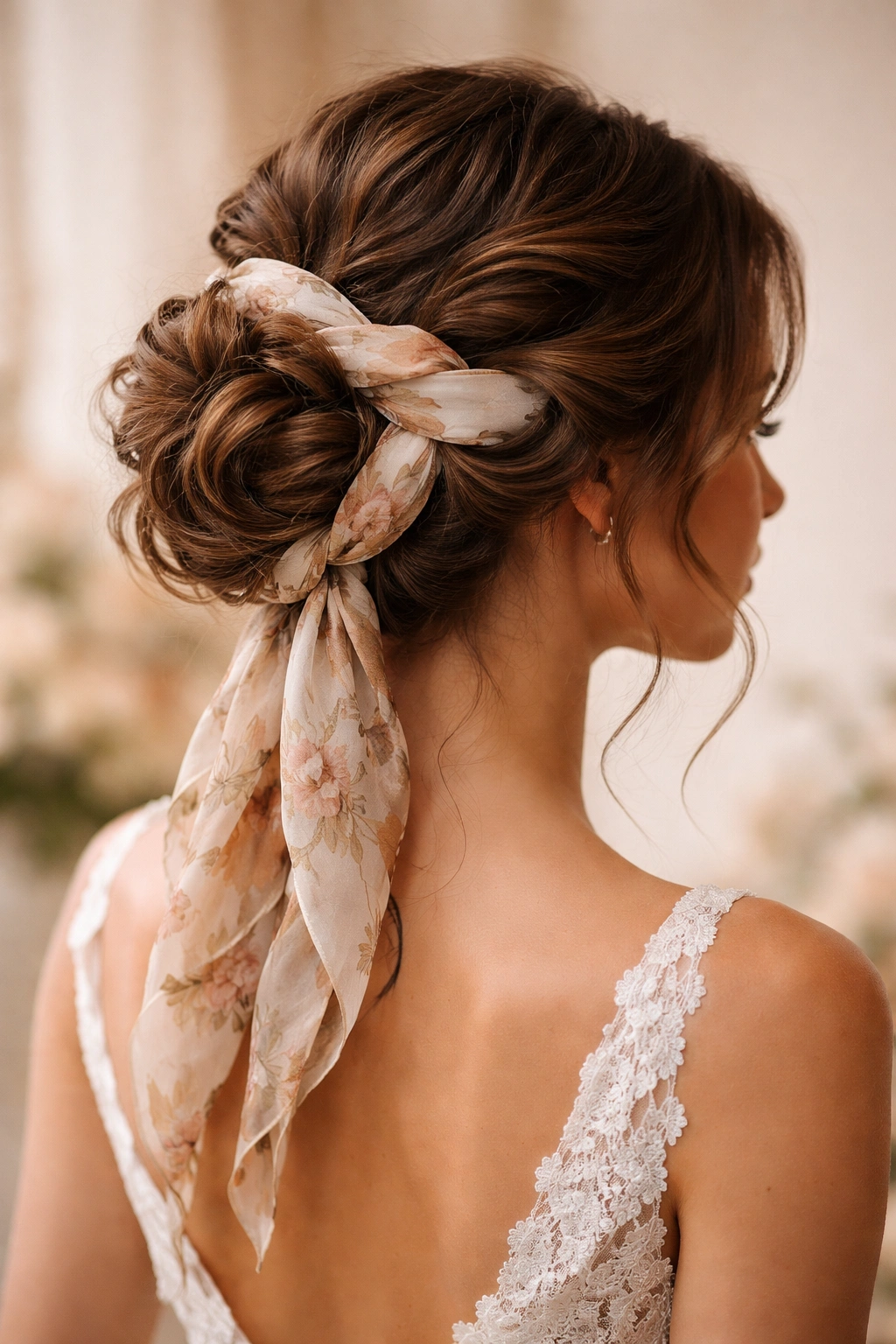 Scarf-woven wavy updo with scarf integrated in hair