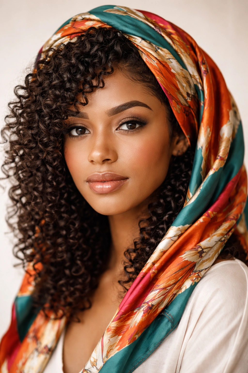 Head wrapped with silk scarf framing curls, bold color at scarf edges