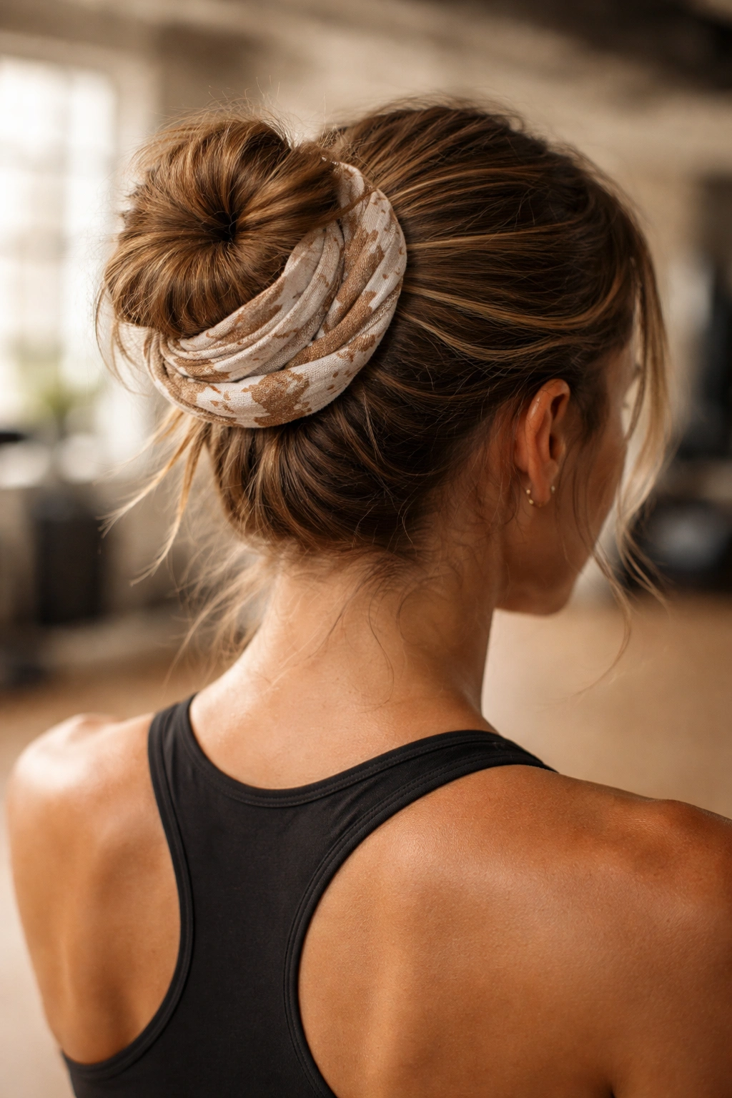 Close-up of a scarf-wrapped bun showing fabric woven through the bun for extra grip