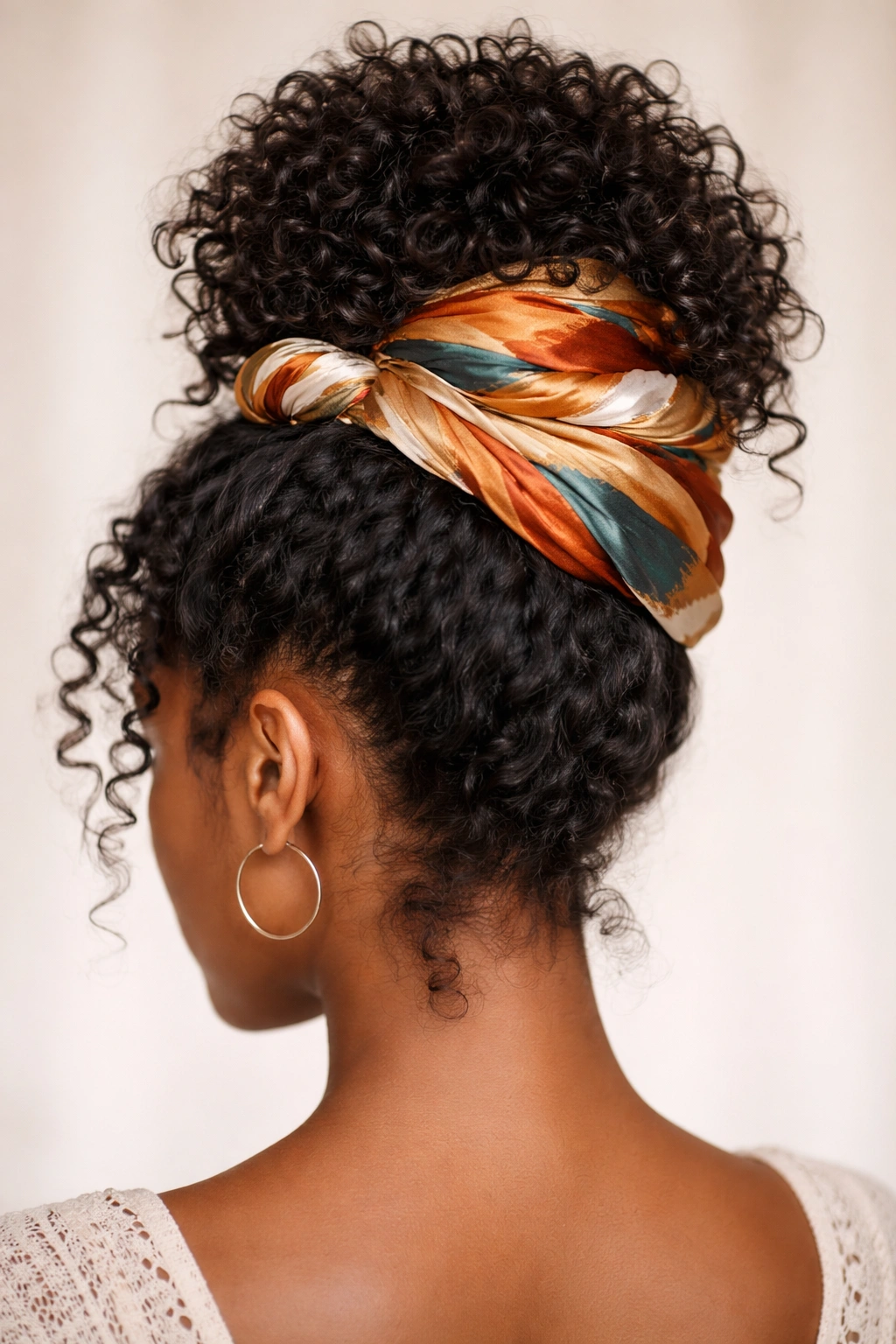 Scarf-wrapped bun with silk scarf weaving through a curly updo