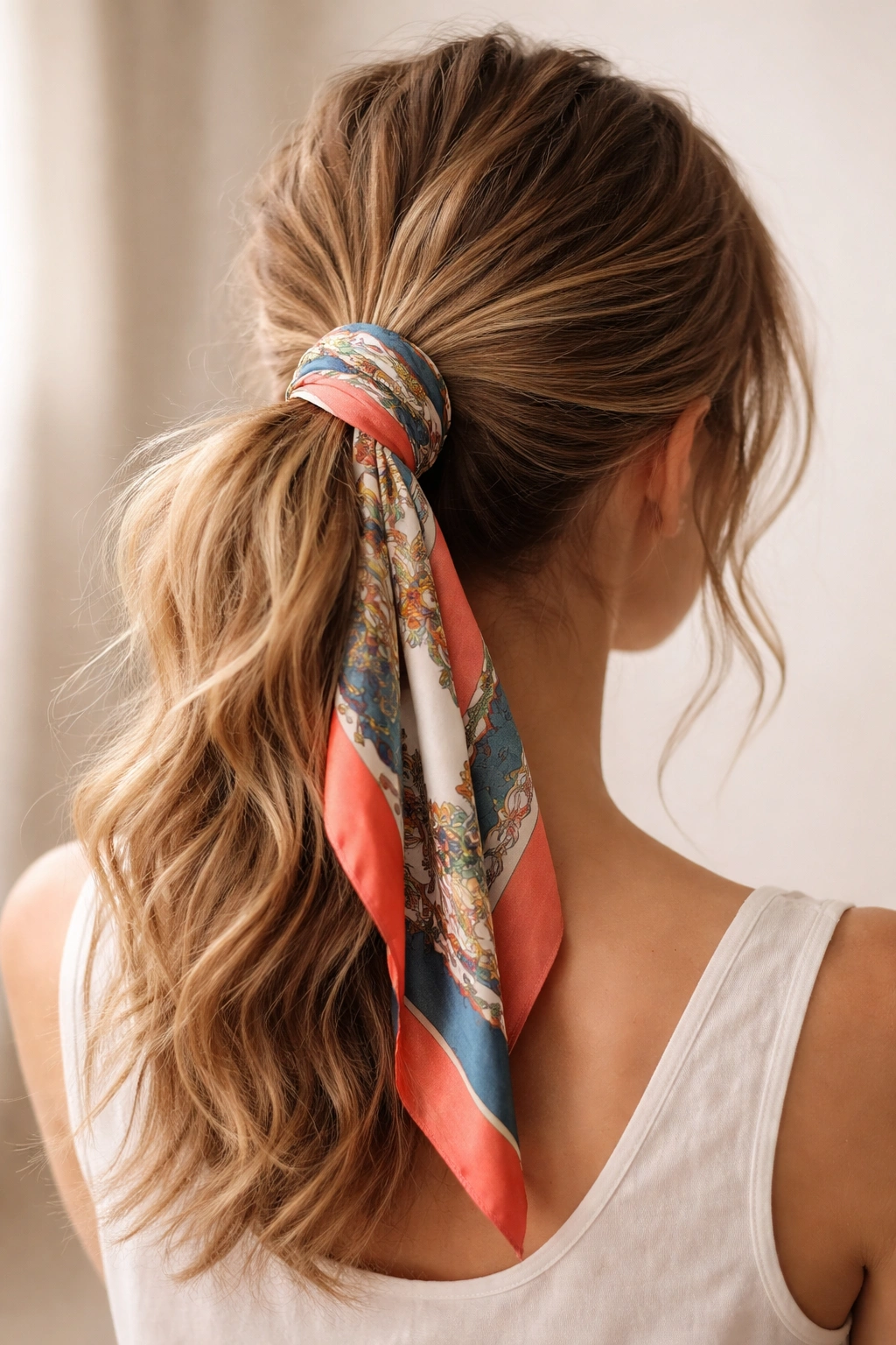 Back view of scarf-wrapped ponytail showing scarf wrapped around base