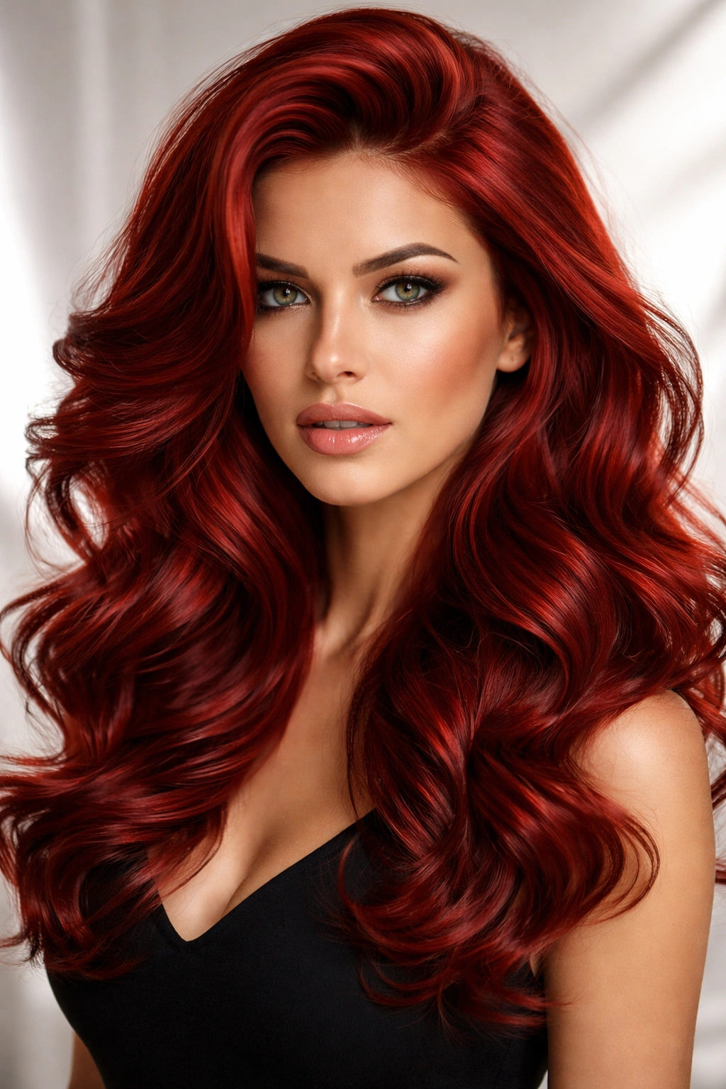 Voluminous scarlet red waves with a glossy blowout finish