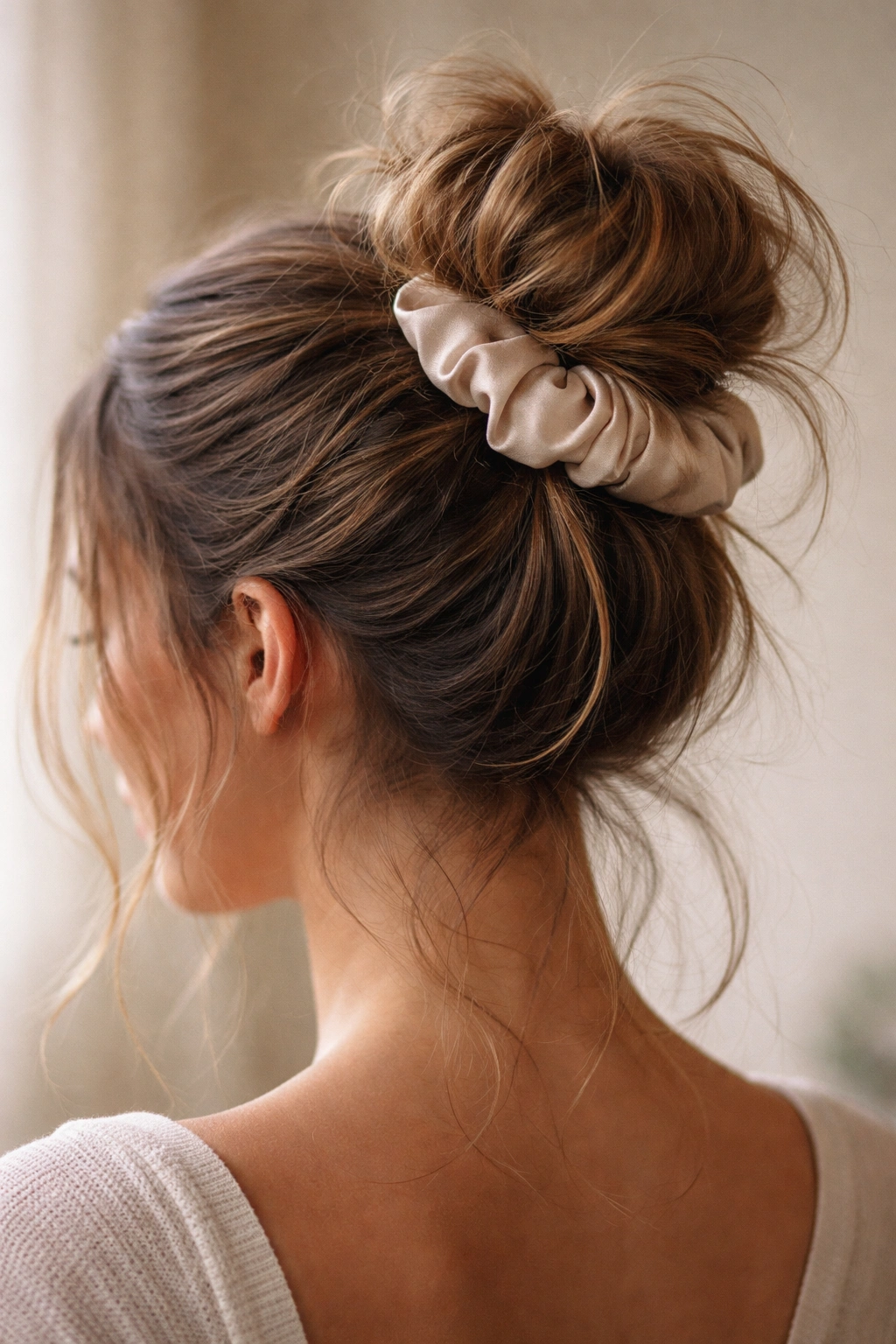 Close-up of a textured messy bun secured with a silk scrunchie, wisps around the face.