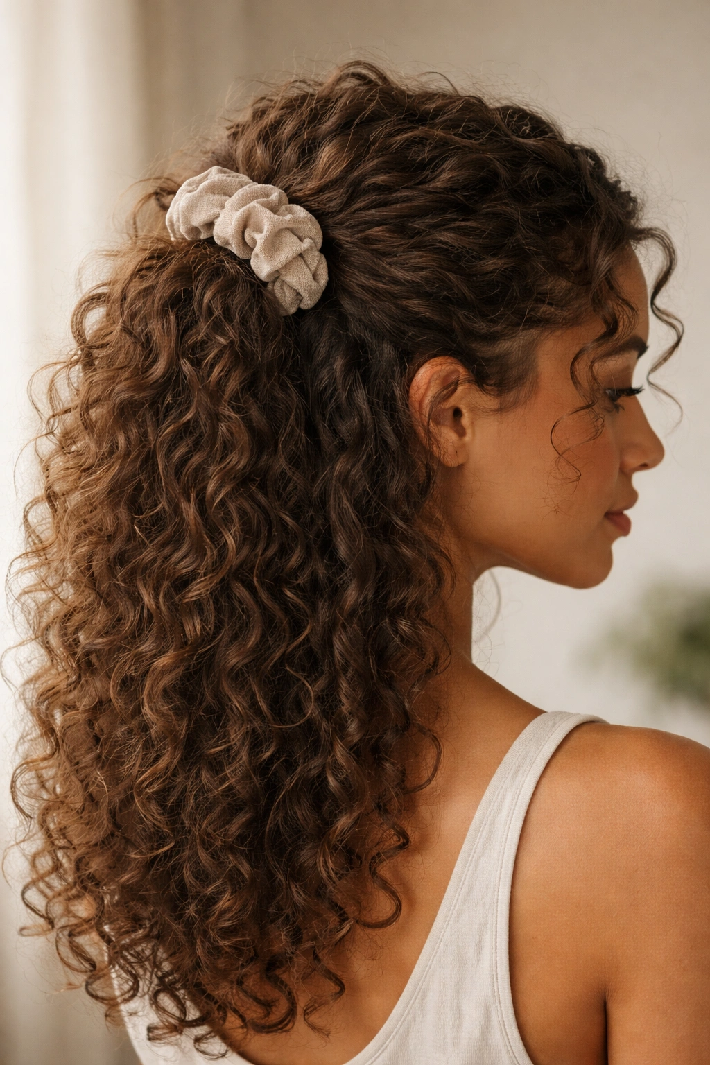 Top half gathered with fabric scrunchie showing texture of curls