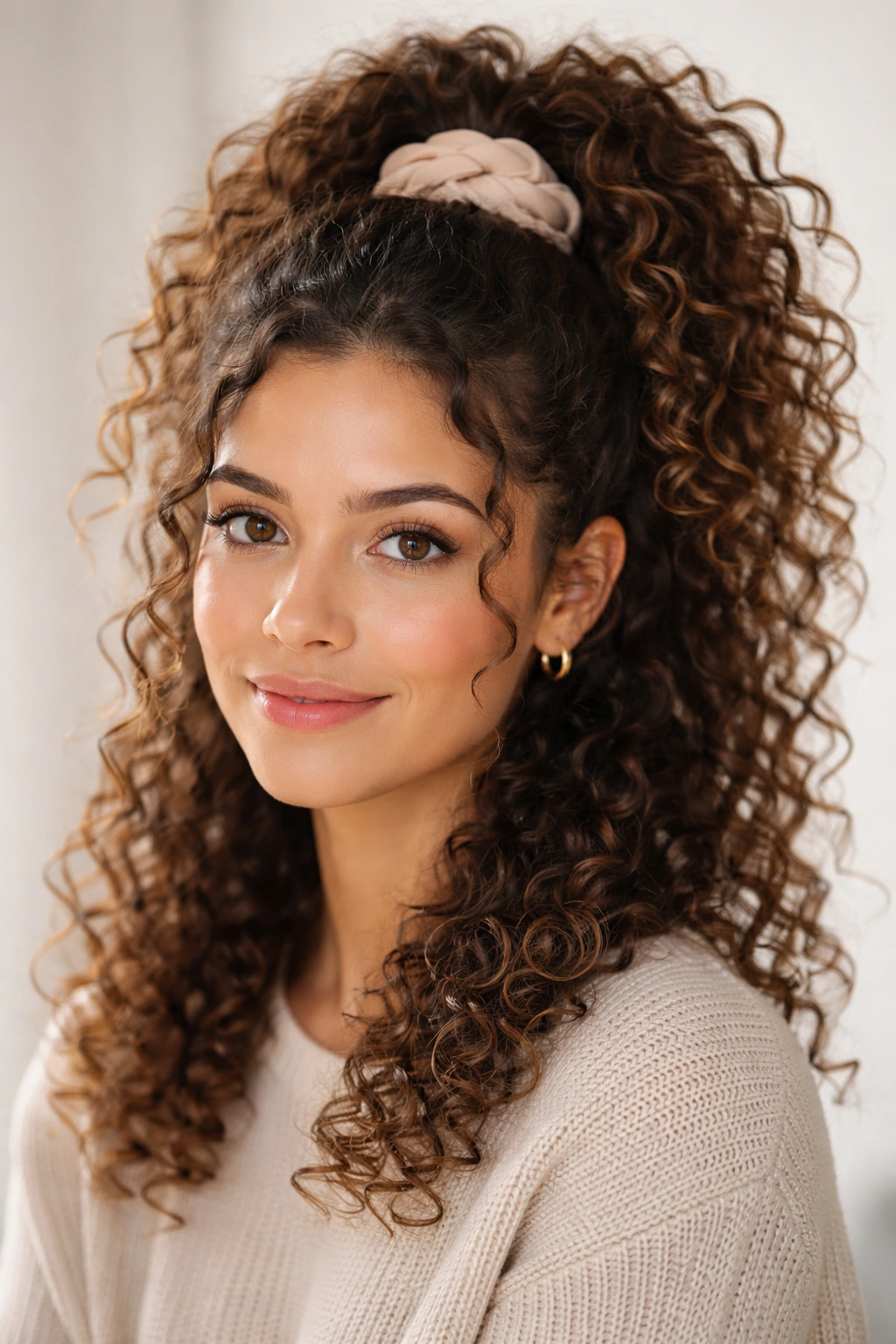 Hair in a scrunchy high-pony with voluminous curls at the crown.