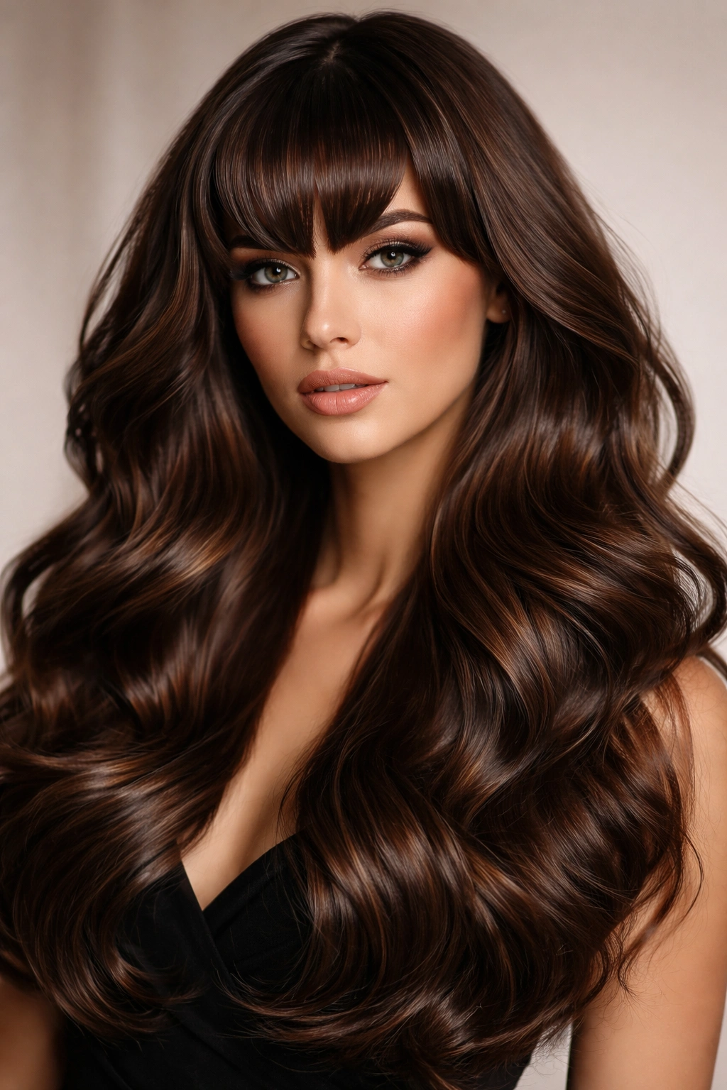 Statement waves with sculpted bangs in rich brown on a portrait