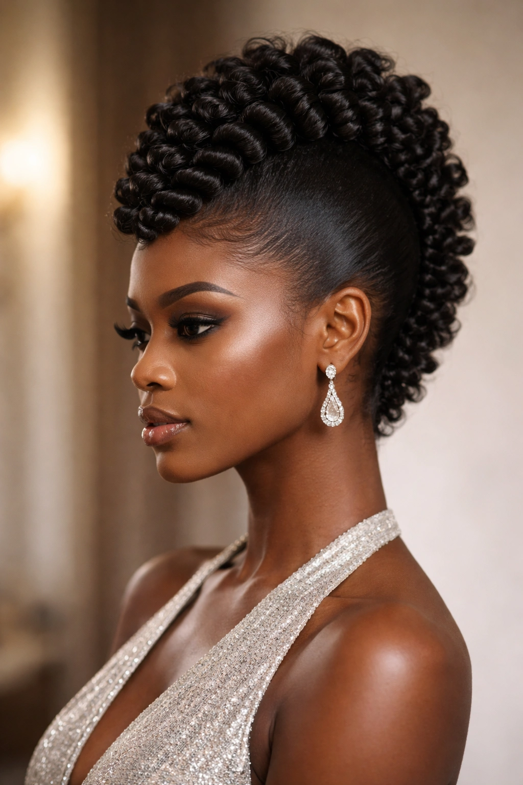 Sculpted coil mohawk updo with smooth sides and defined ridge of coils