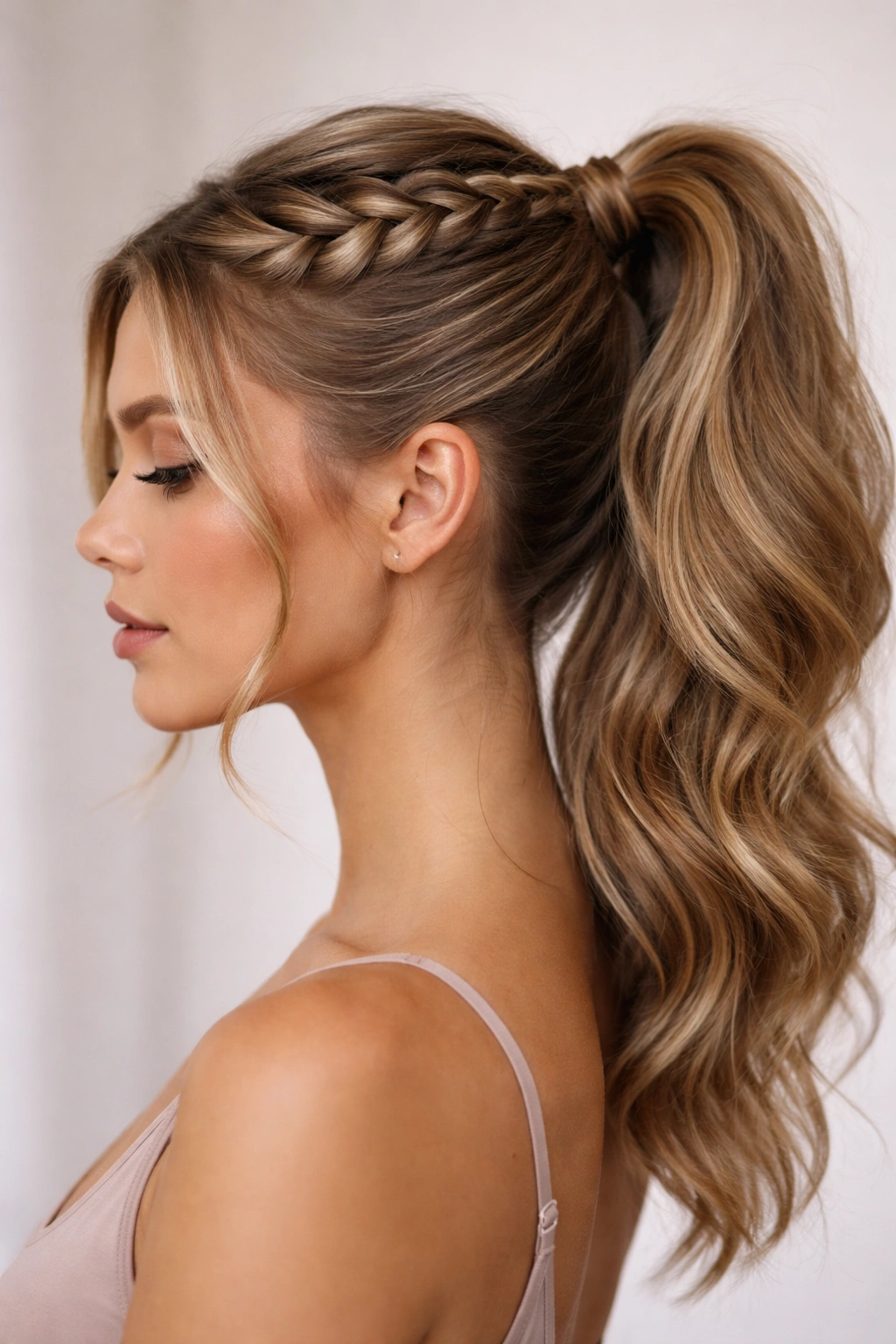 Close-up of sculpted crown weave pony hairstyle with elevated crown and voluminous mid-height ponytail