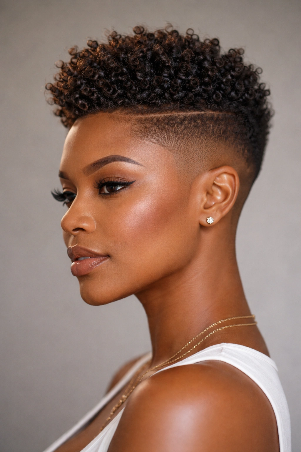 Close-up portrait of a Black woman with sculpted fade and textured crown for dimension.