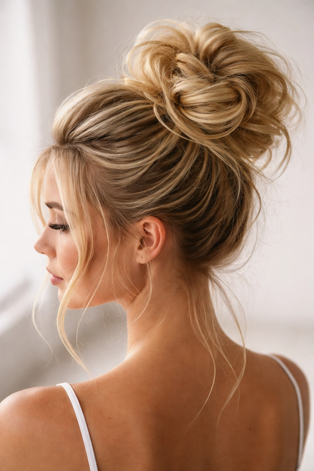 High sculpted messy bun with defined twists on blonde hair