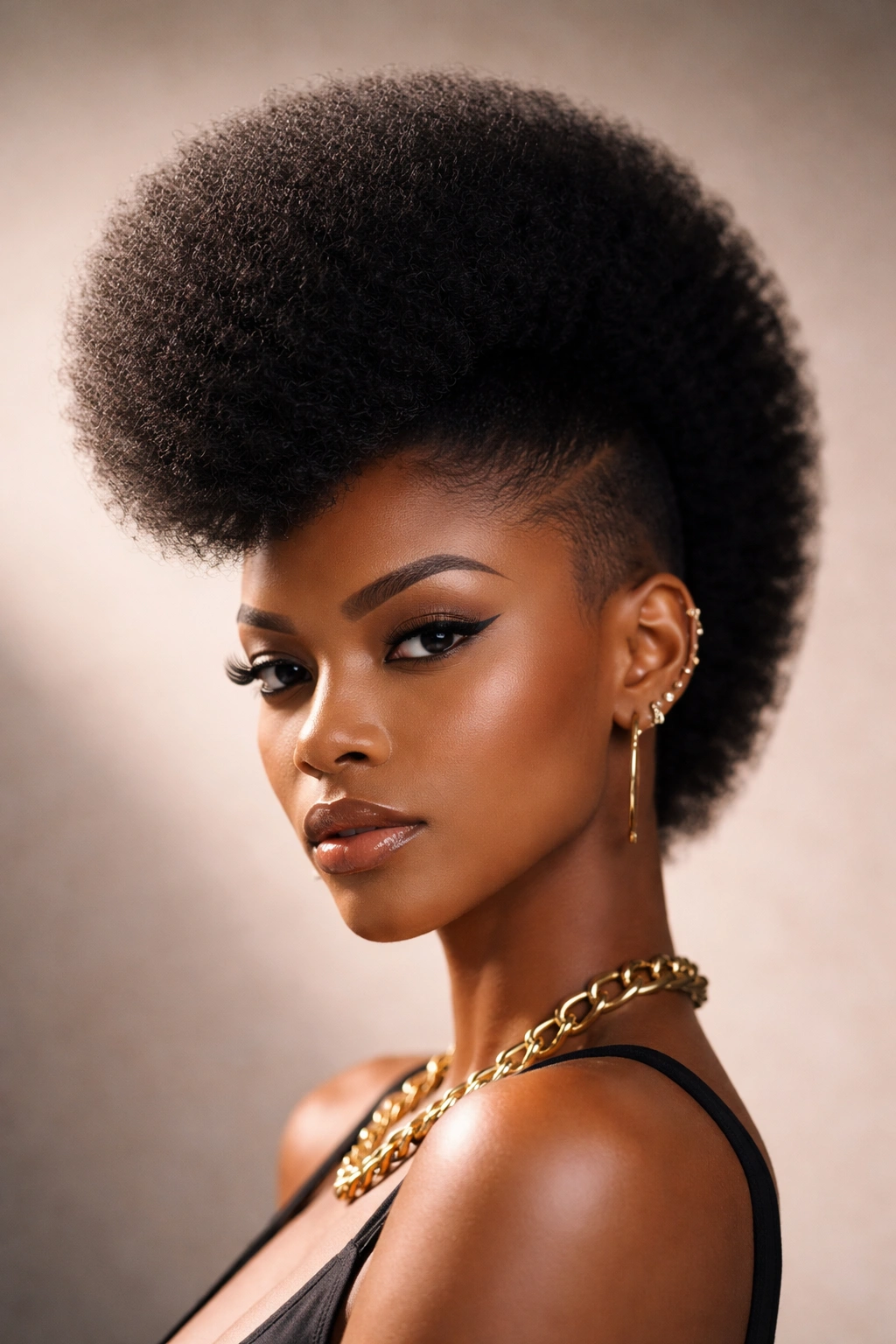 Close-up of a person with a sculptural afro mohawk, dome crown and faded sides