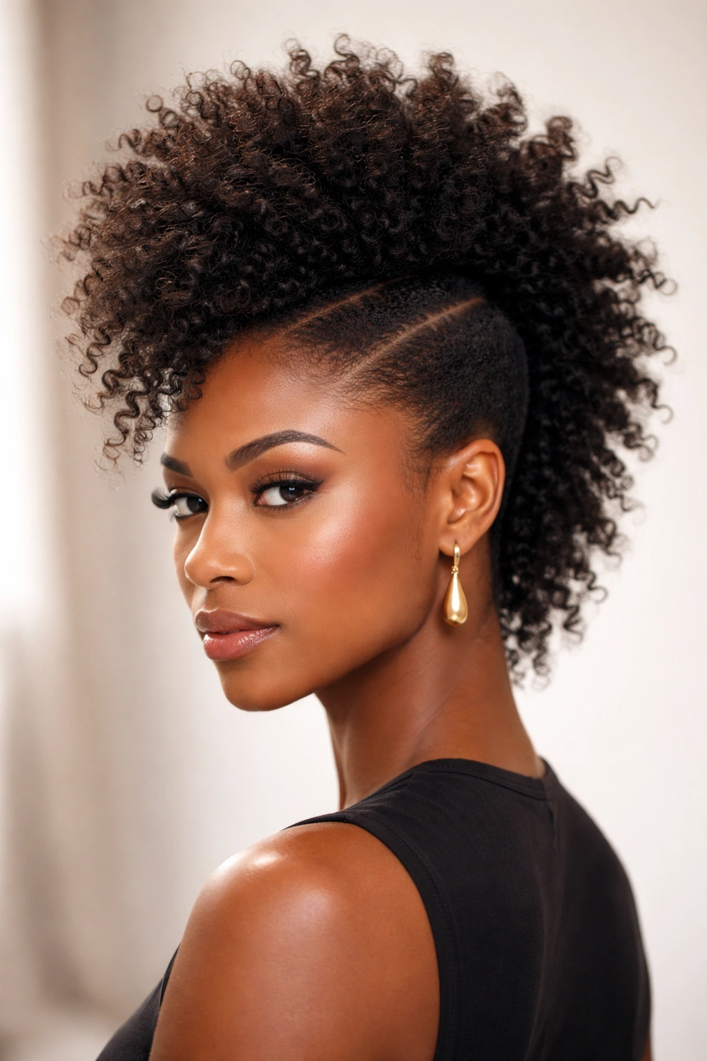 Close-up of a sculptured afro hawk with a defined center and sleek sides