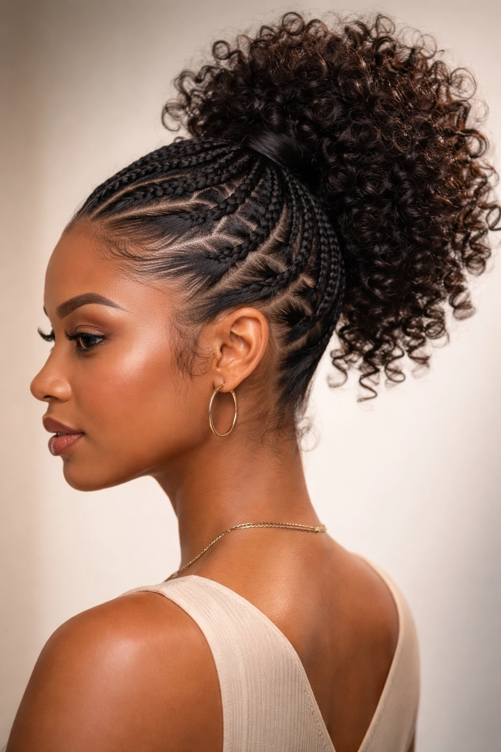 Three-quarter view of a sculpted geometric weave with high ponytail on short curls