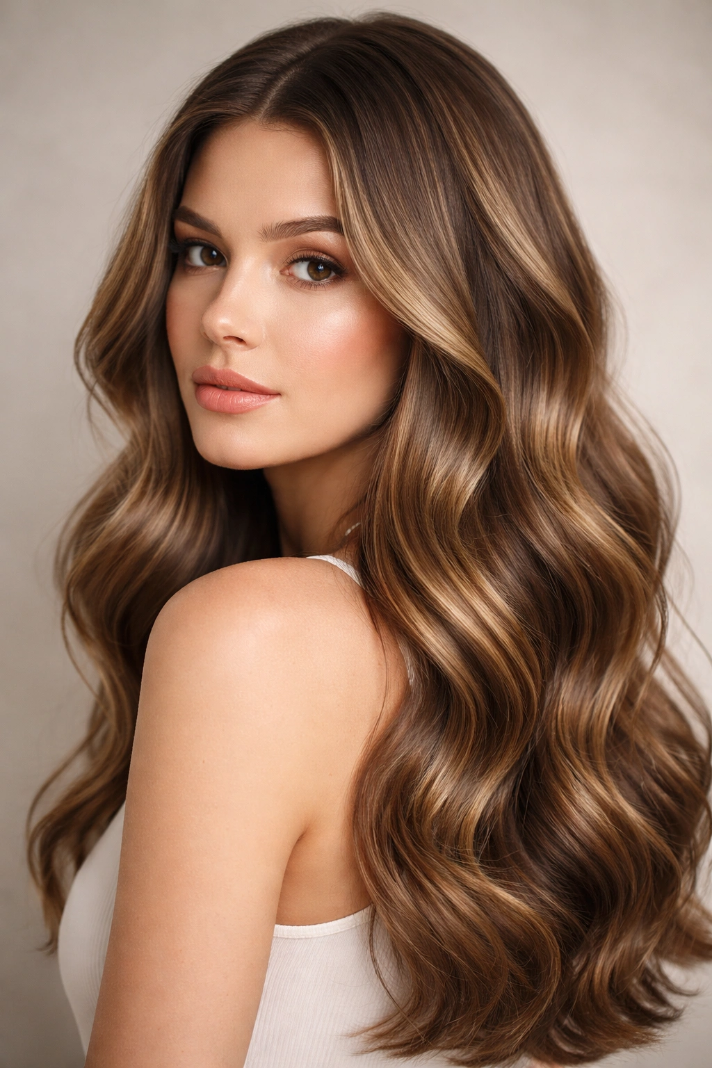 Loose waves with defined sections on a model's hair.