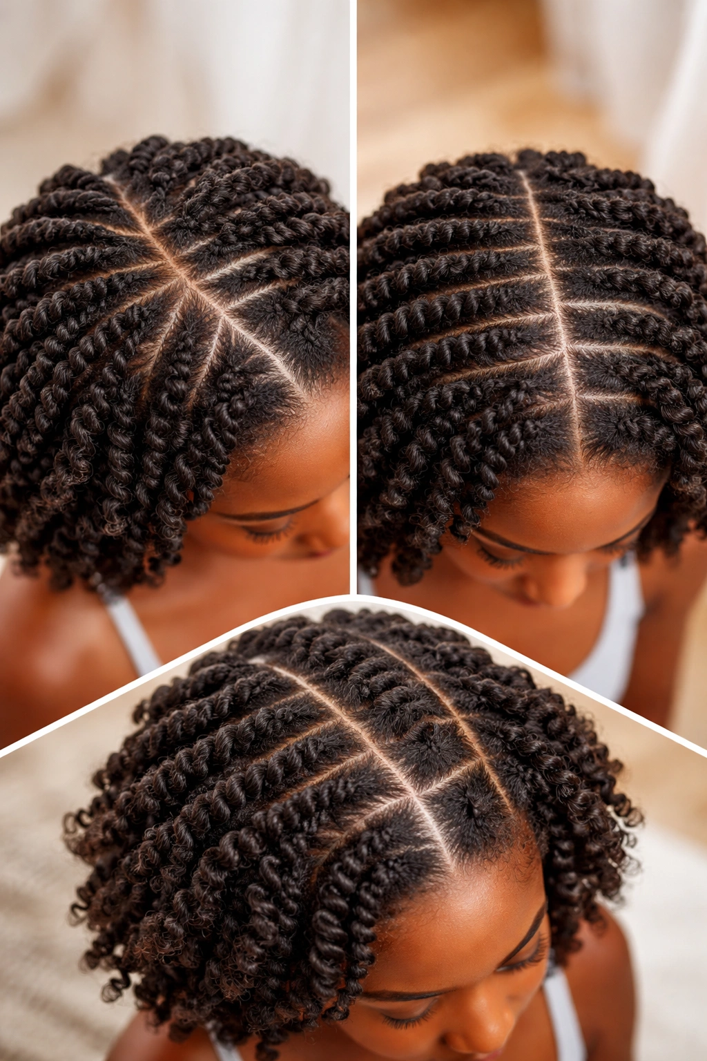 Scalp view showing partition lines in twist-out to illustrate sectioning patterns