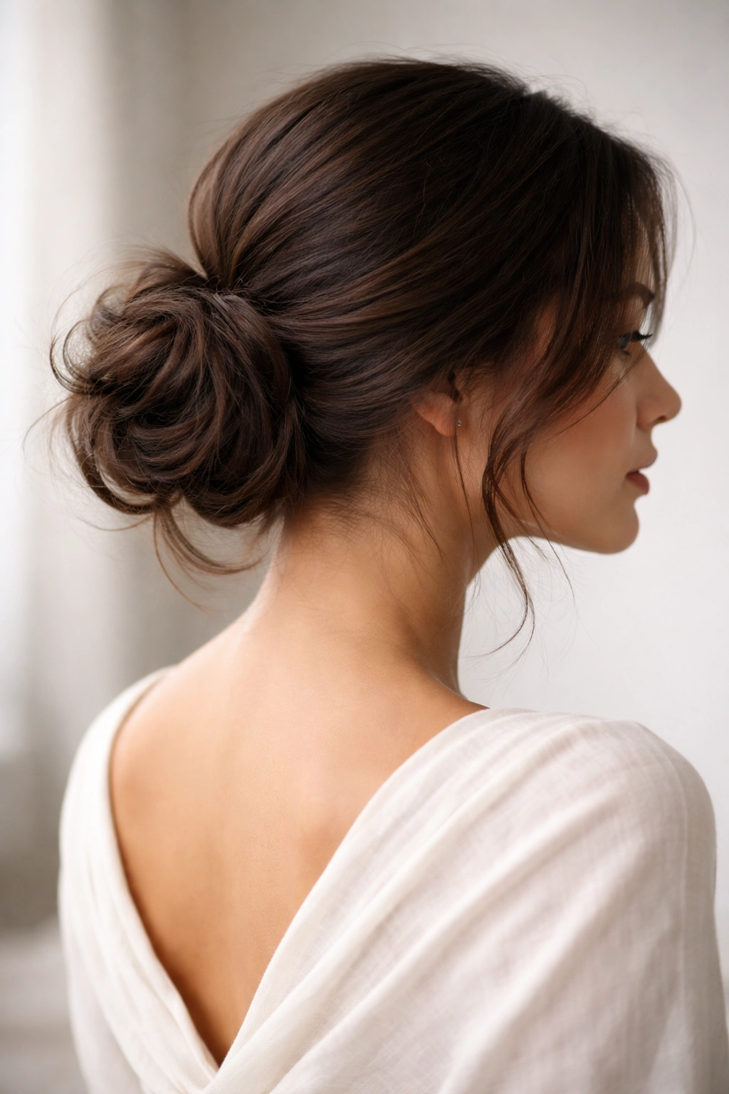 Low bun at the nape of neck with twists and loose texture on brunette hair