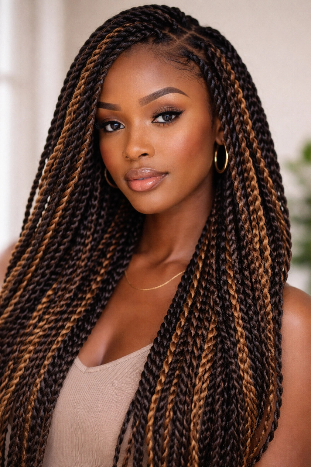 Senegalese twists with dimensional color on a full head