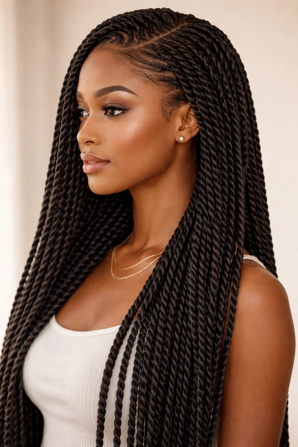 Senegalese twists crochet hairstyle on model head, thin and long