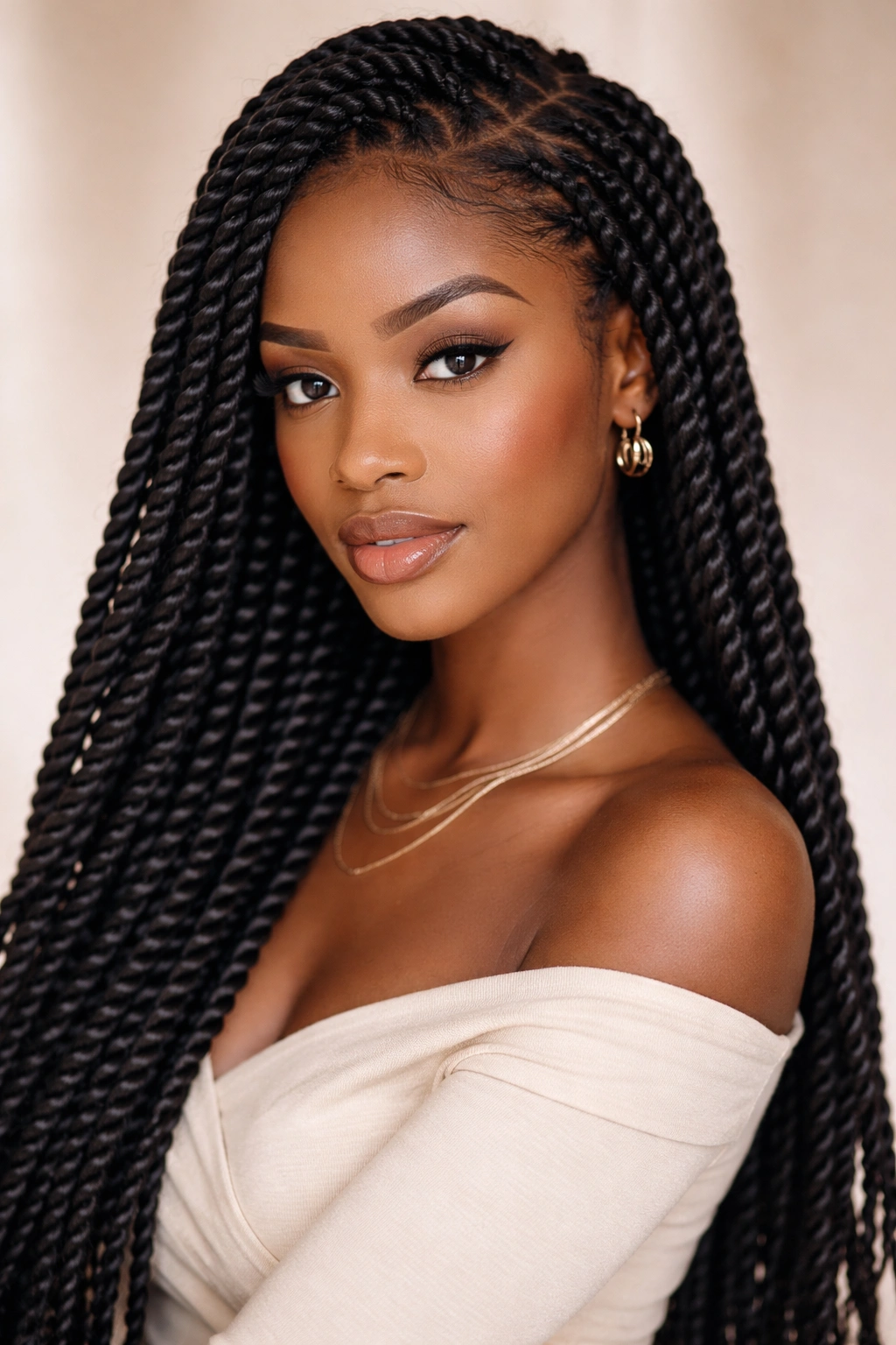 Close-up of Senegalese twists with thick, rounded three-strand twists