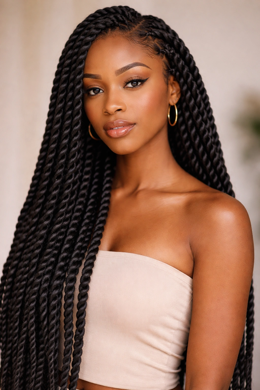 Thick Senegalese twists with extensions forming long, defined rope twists