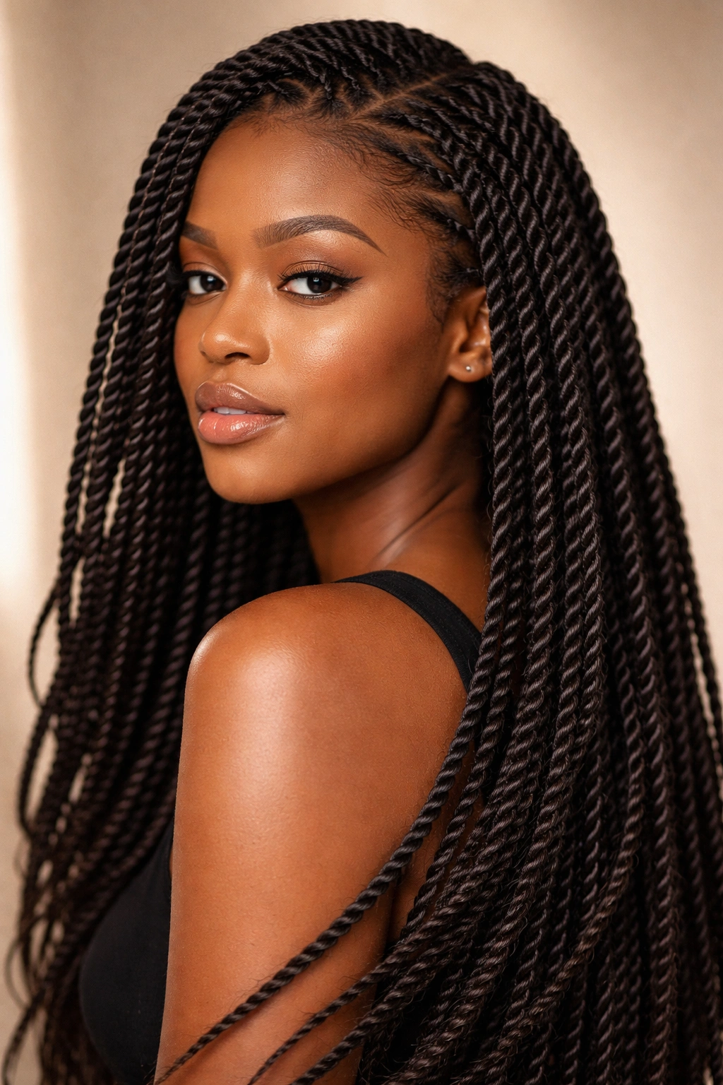 Close-up of Senegalese twists on natural hair in studio
