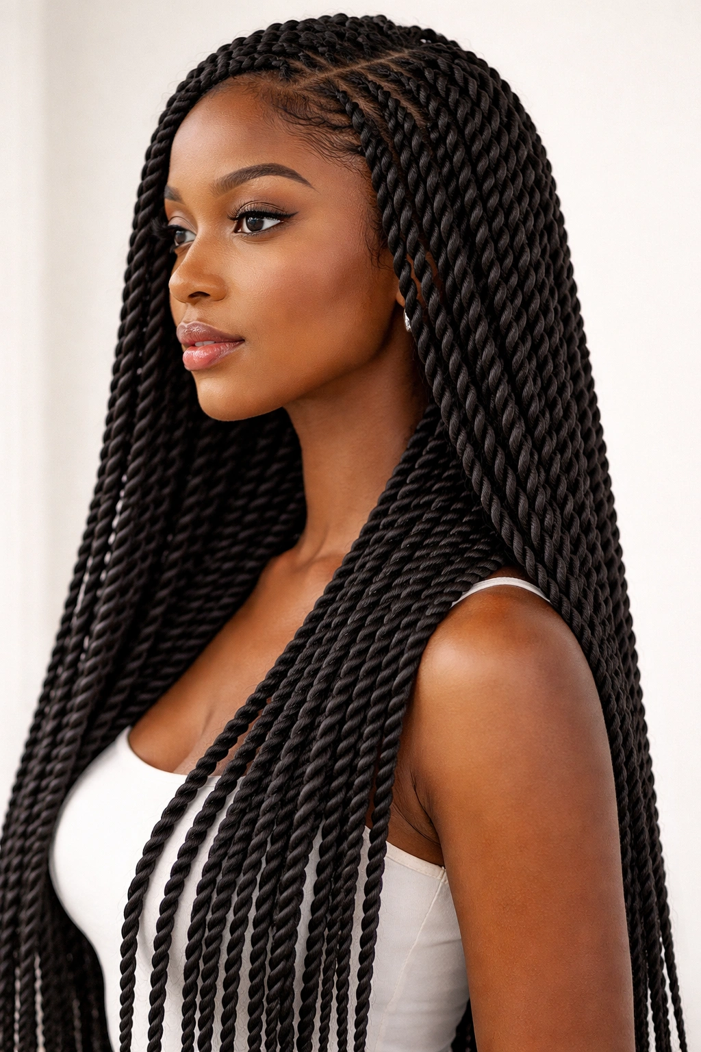 Tightly twisted Senegalese twists with glossy finish