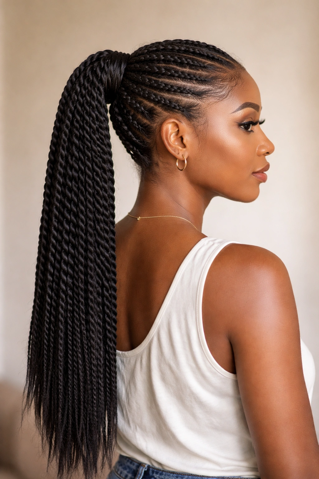 Senegalese twisted ponytail neatly secured in a high ponytail