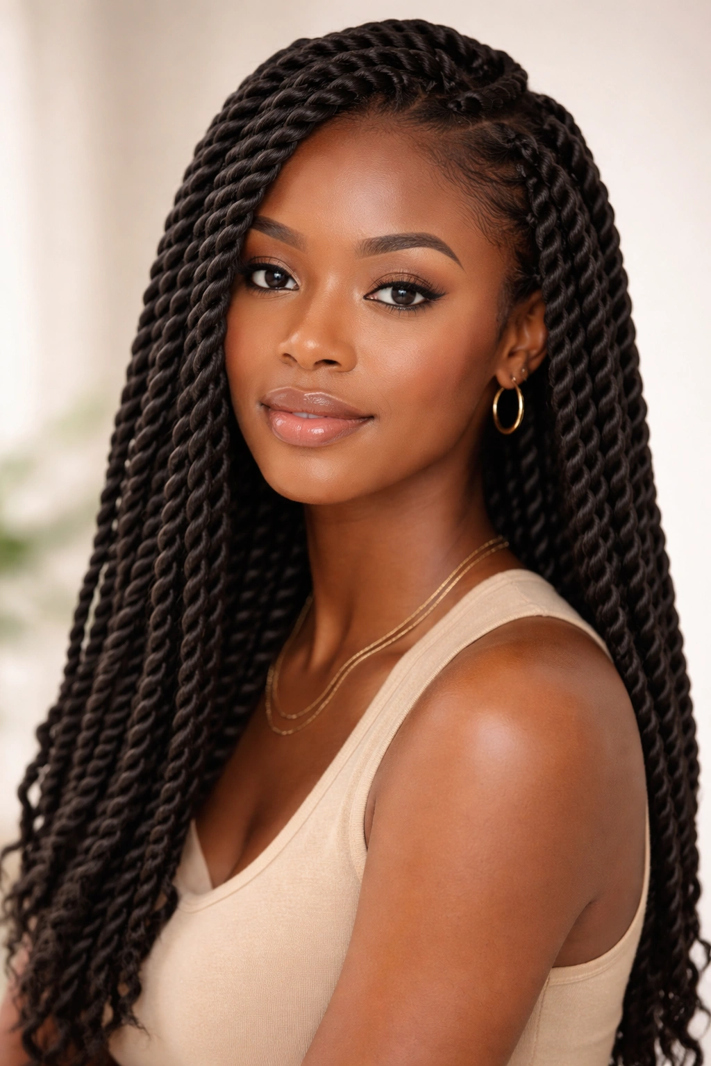Senegalese twists close-up showing defined rope-like two-strand twists
