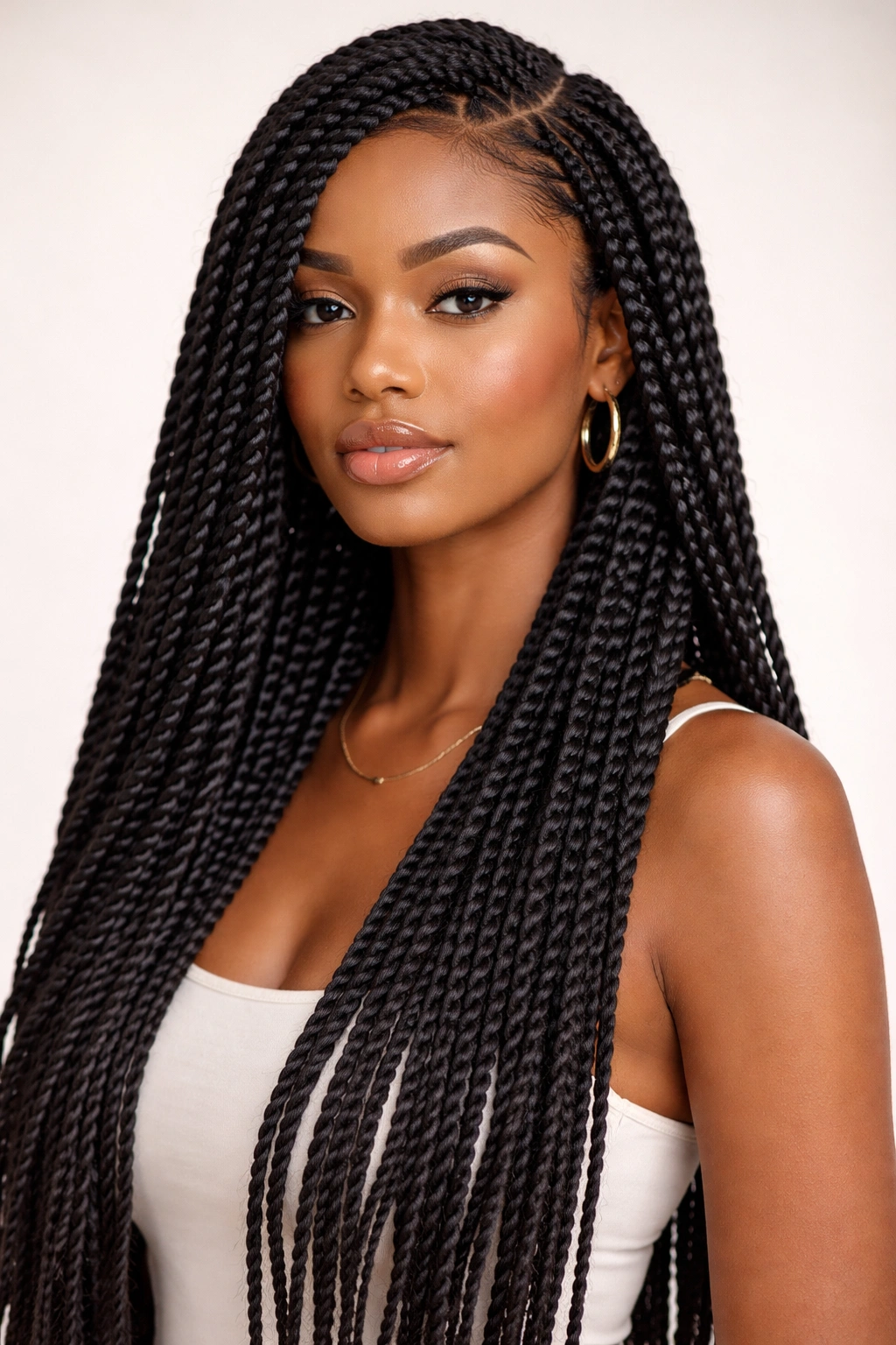 Close-up of Senegalese Twists with added hair for length