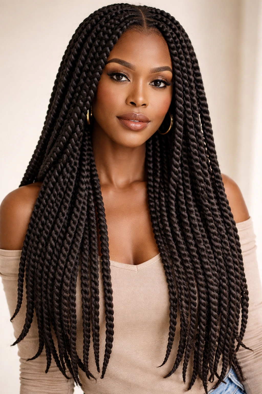Head with bold Senegalese twists showing rope-like three-strand texture.