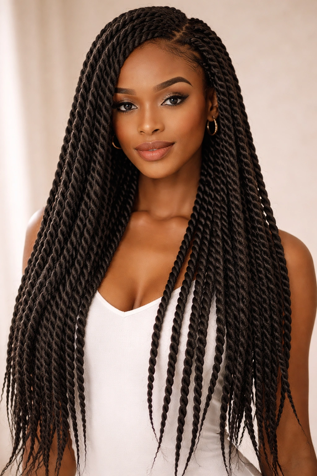 Sleek Senegalese twists hanging long with rope-like texture