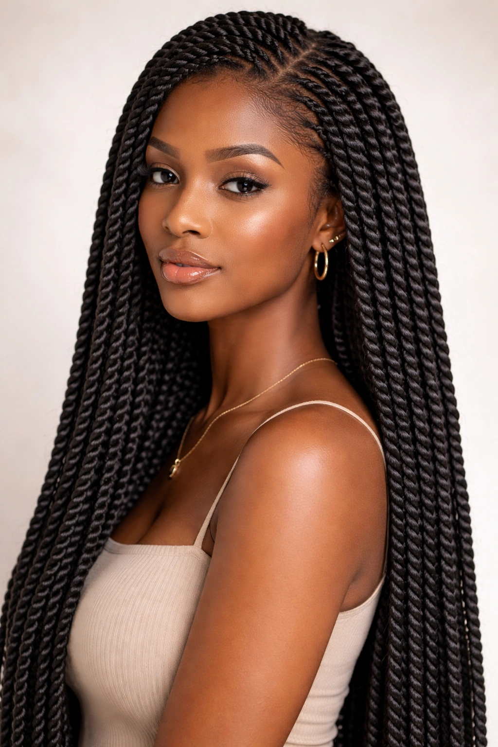 Sleek Senegalese twists with glossy rope-like strands