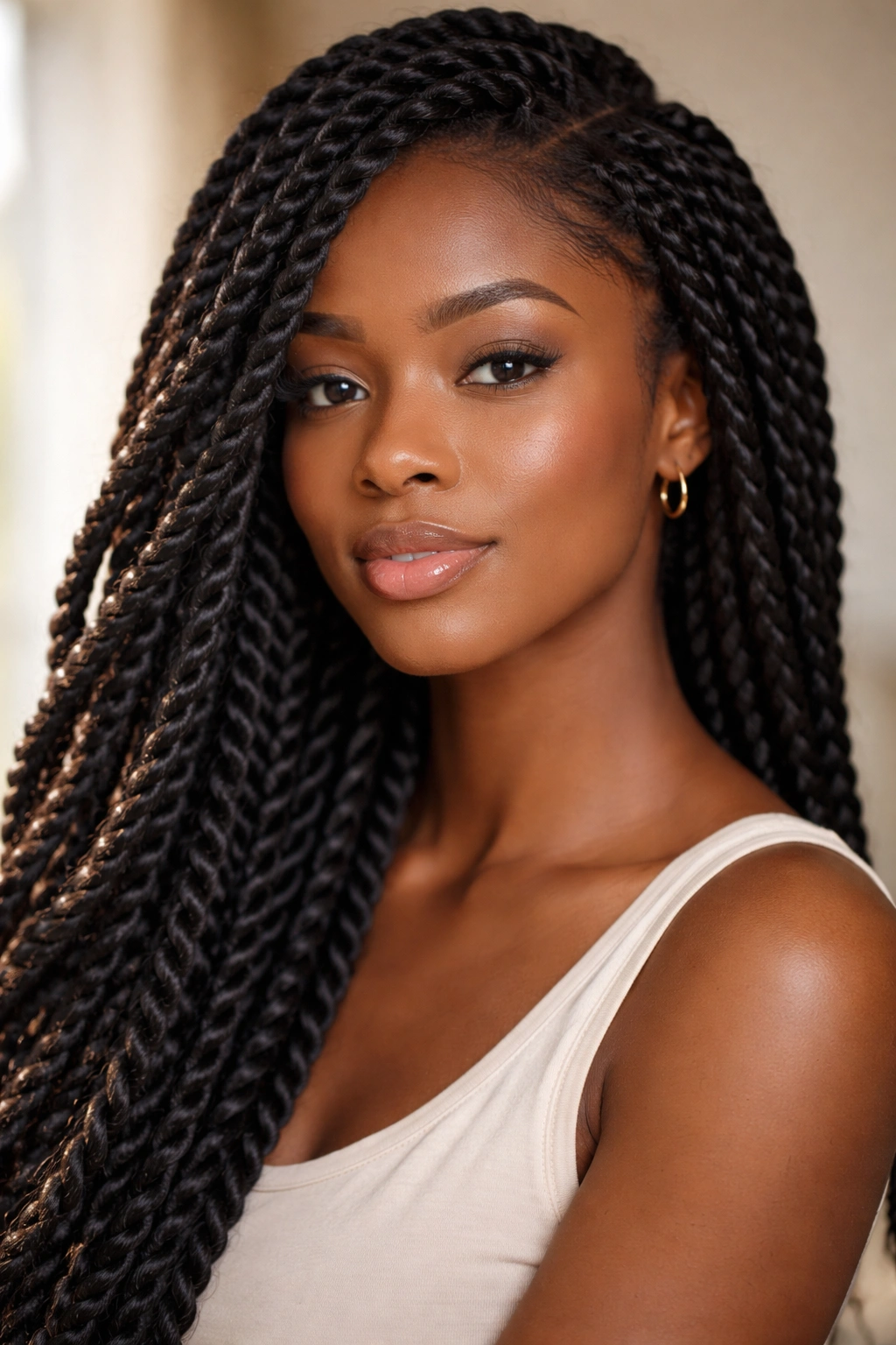 Close-up of Senegalese twists showcasing glossy synthetic + natural hair