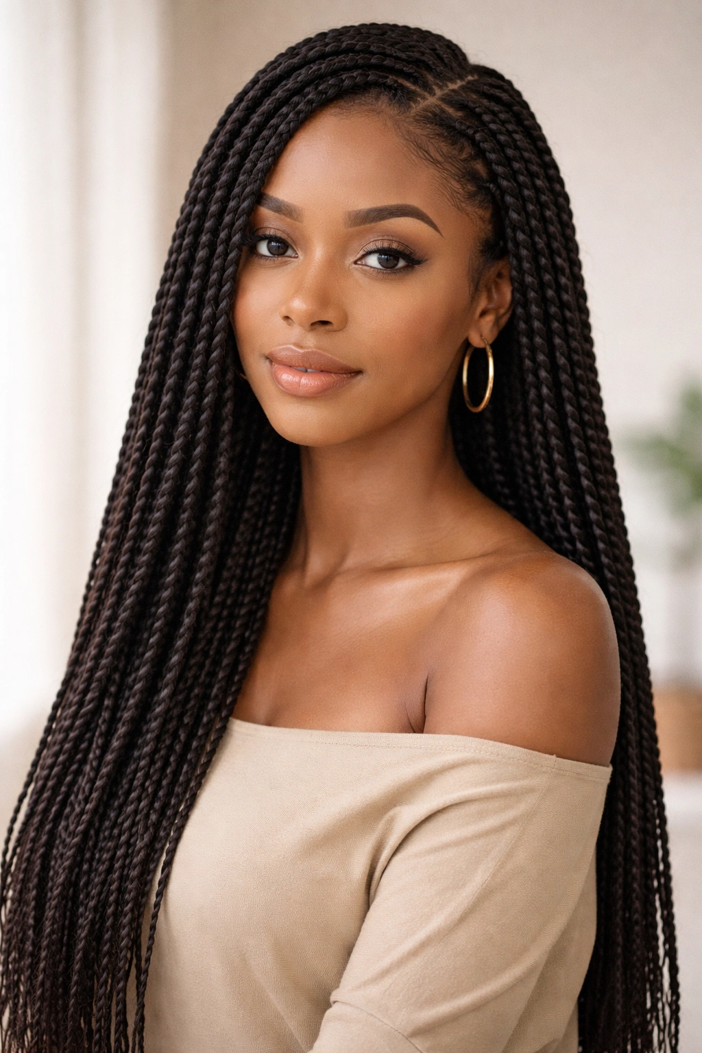 Sleek Senegalese twists arranged for a clean, elegant look