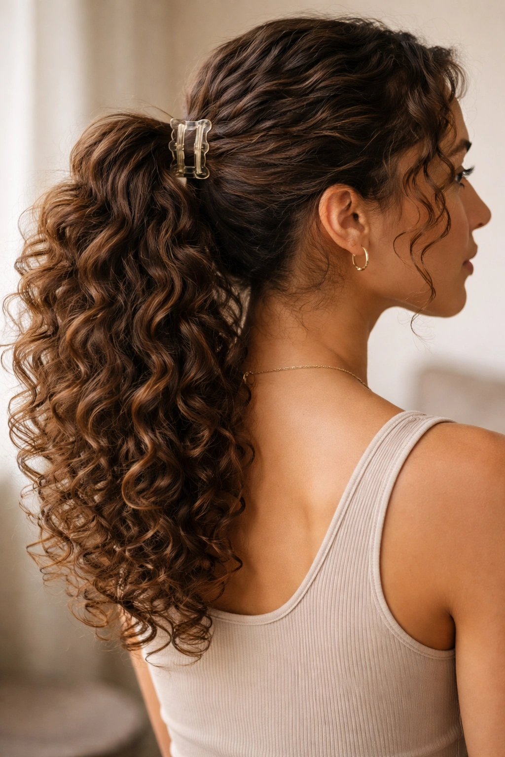 Low ponytail with claw clip separating curls into distinct clusters