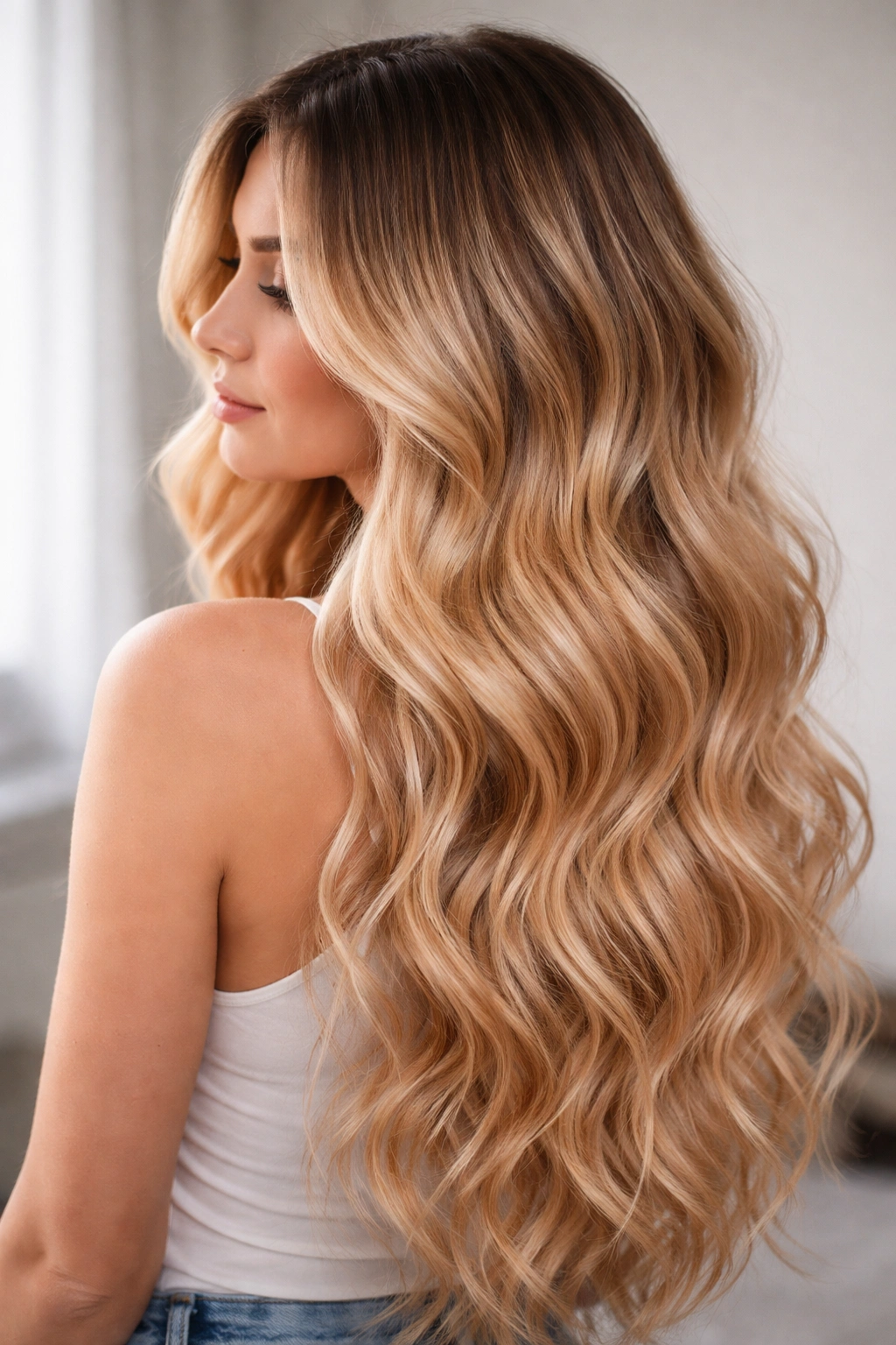 Profile view of shadow root peachy-blonde waves with dark roots