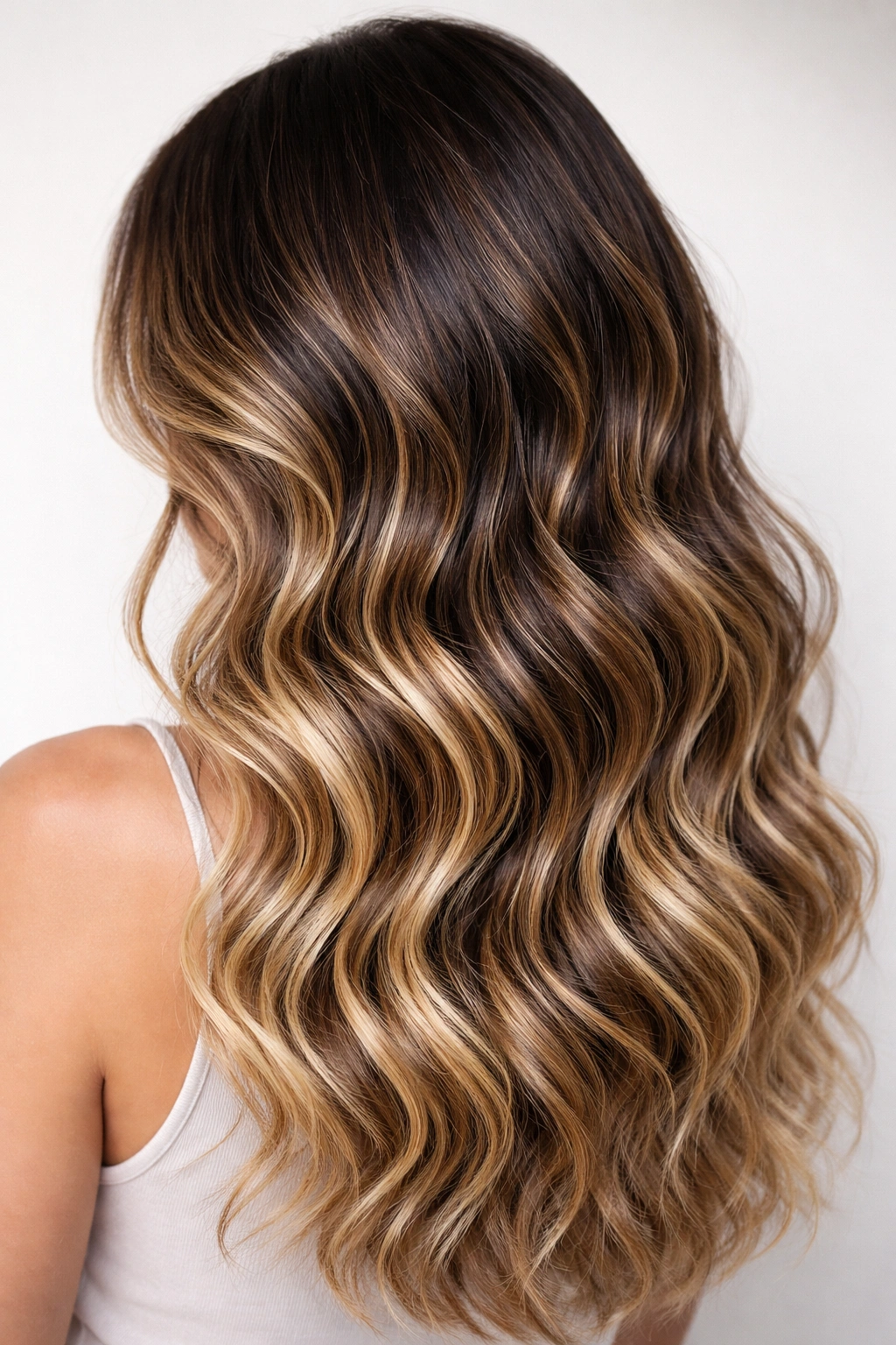 Wavy hair with dark shadow roots and bright highlighted ends