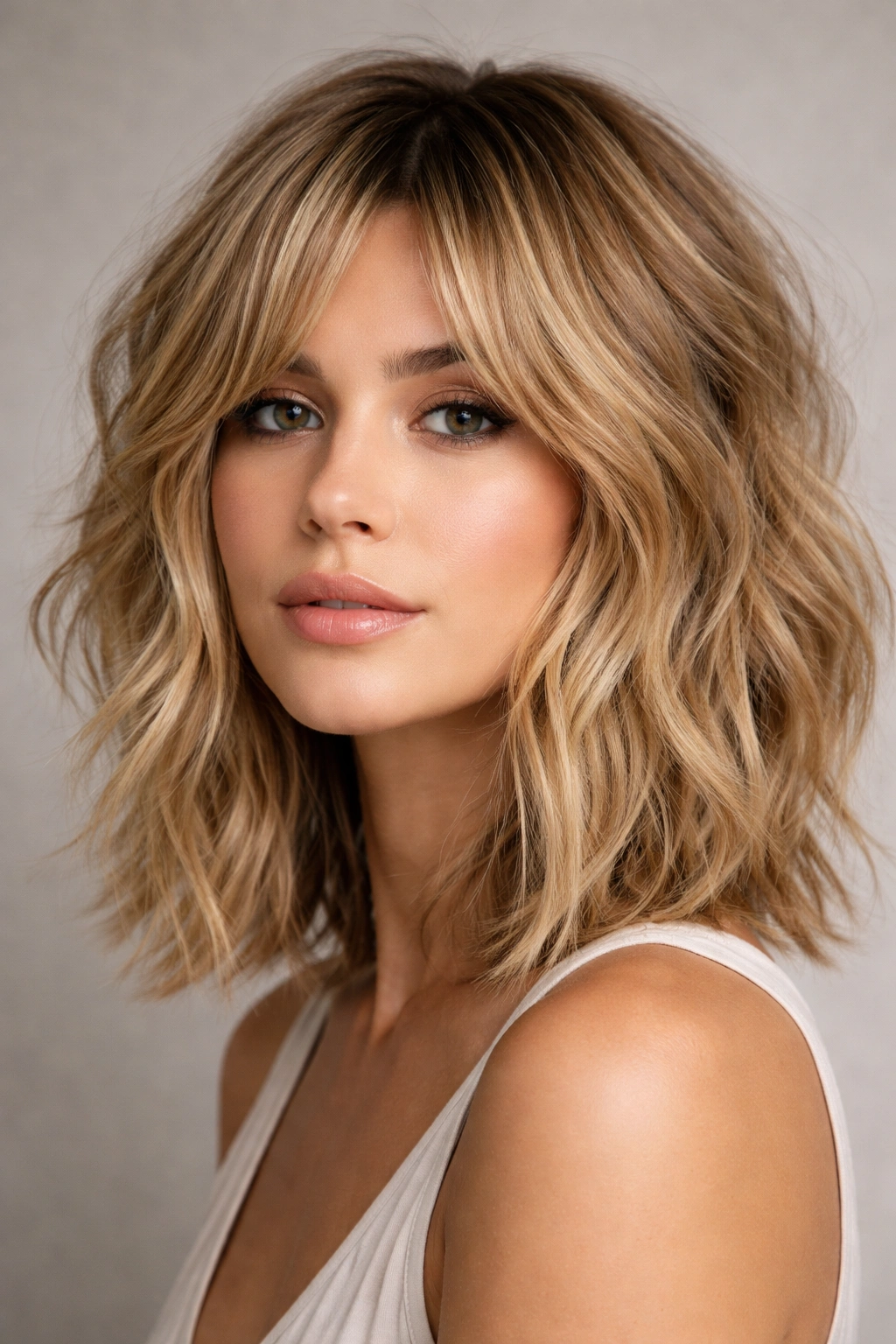 Close-up of a textured honey-blonde shag bob with layered waves