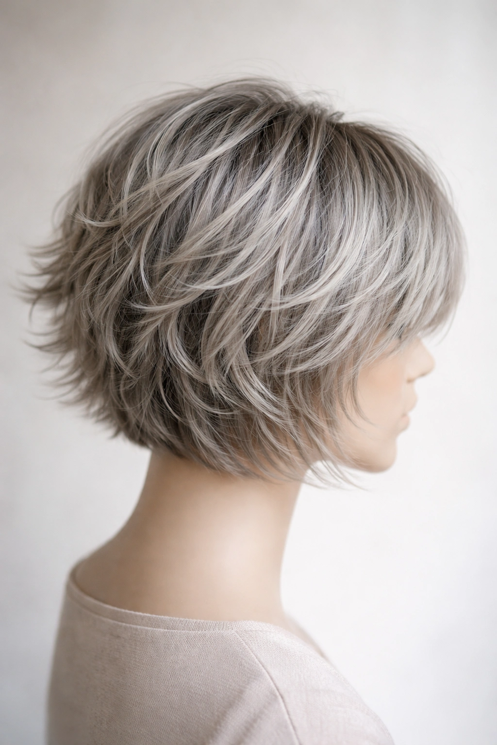 Close-up of textured shag bob on a gray mannequin head, layered waves.