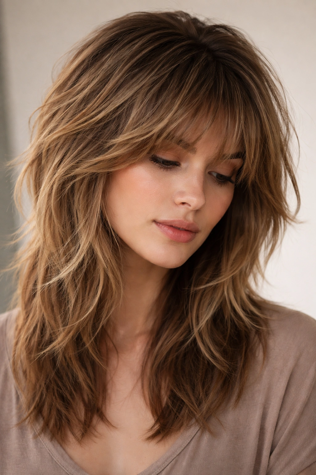 Close-up of a modern shag haircut with layered crown and textured ends.