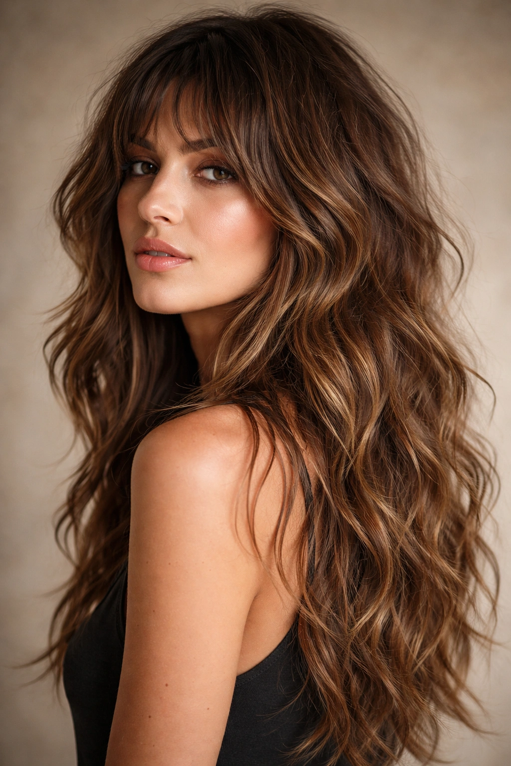 Model with The Shag Haircut featuring long, wavy hair and layered texture.