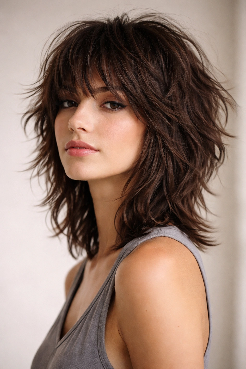 Close-up of a model with a modern shag hairstyle showcasing textured, choppy layers and lifted crown