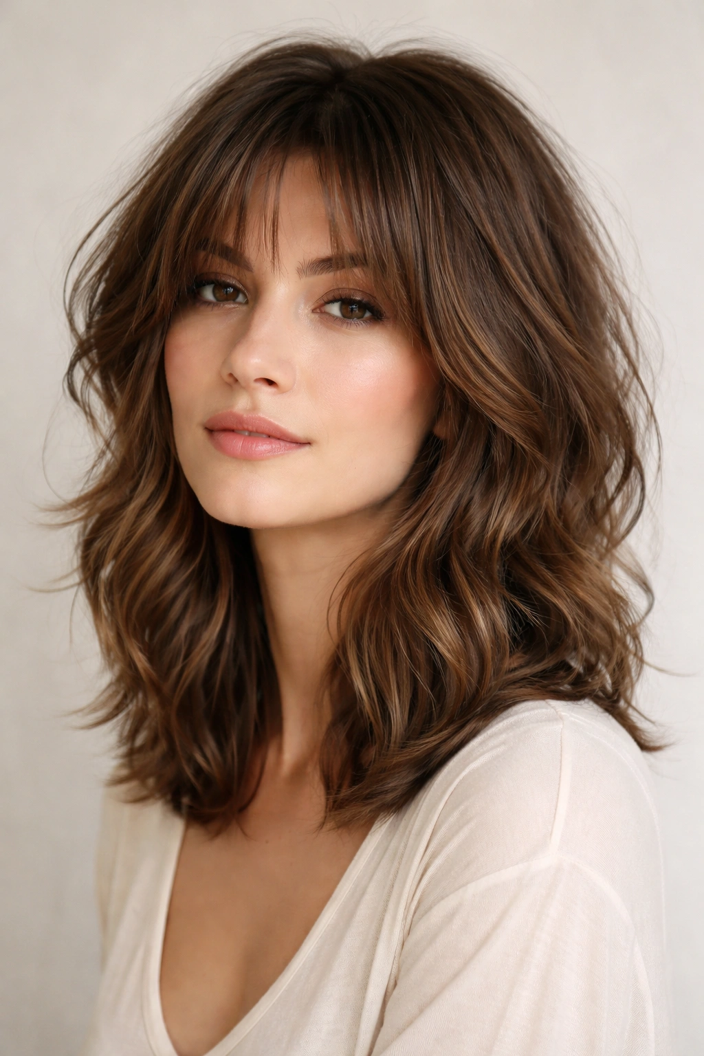 Close-up of shoulder-length shag with layered loose waves framing the jawline