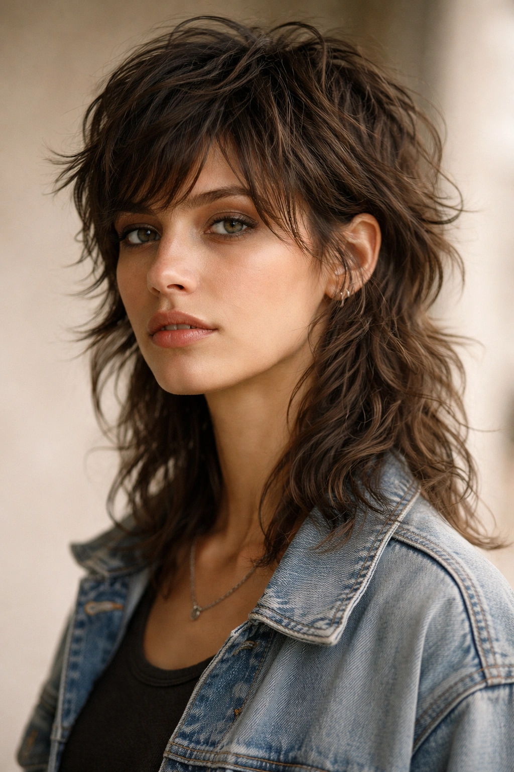Tousled shag mullet hairstyle with layered waves