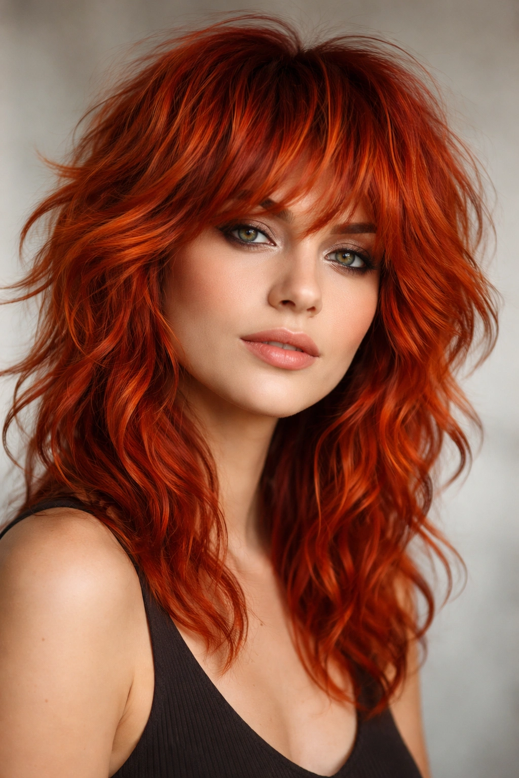 Shag hairstyle with fiery red-orange tones and waves